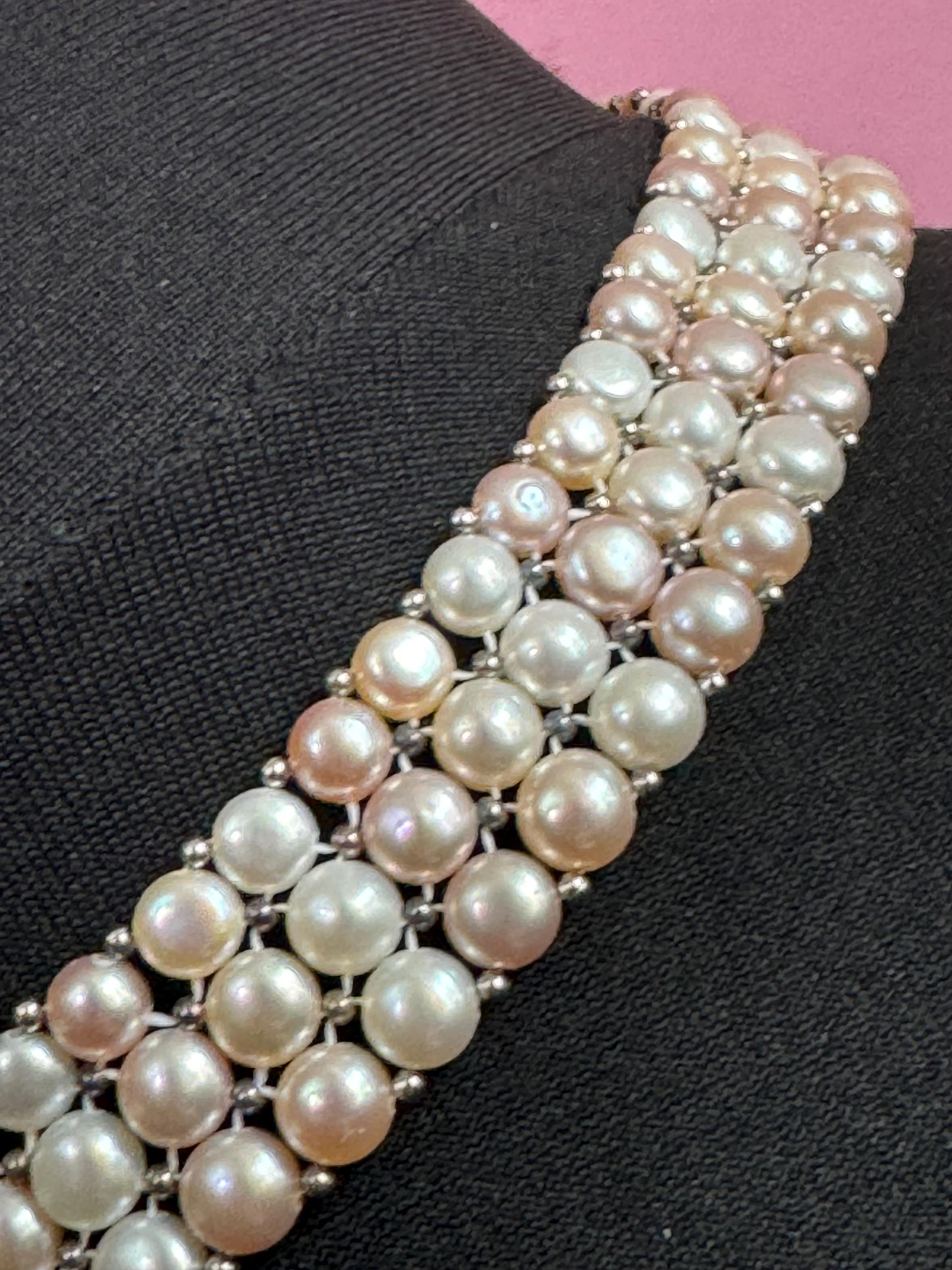 vintage soft pink cream 2cm wide freshwater pearl choker necklace with 925 sterling silver clasp 42cm