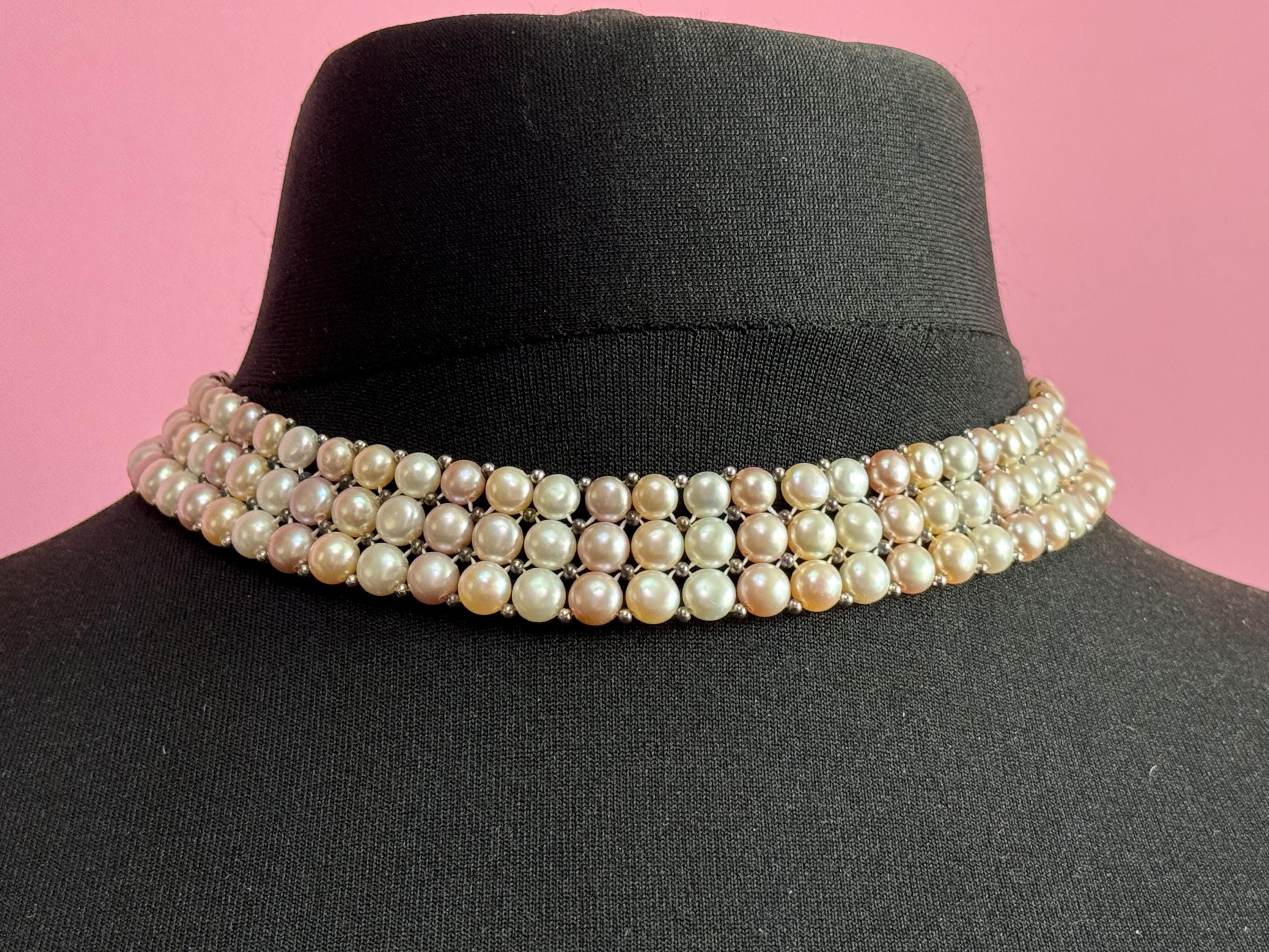 vintage soft pink cream 2cm wide freshwater pearl choker necklace with 925 sterling silver clasp 42cm