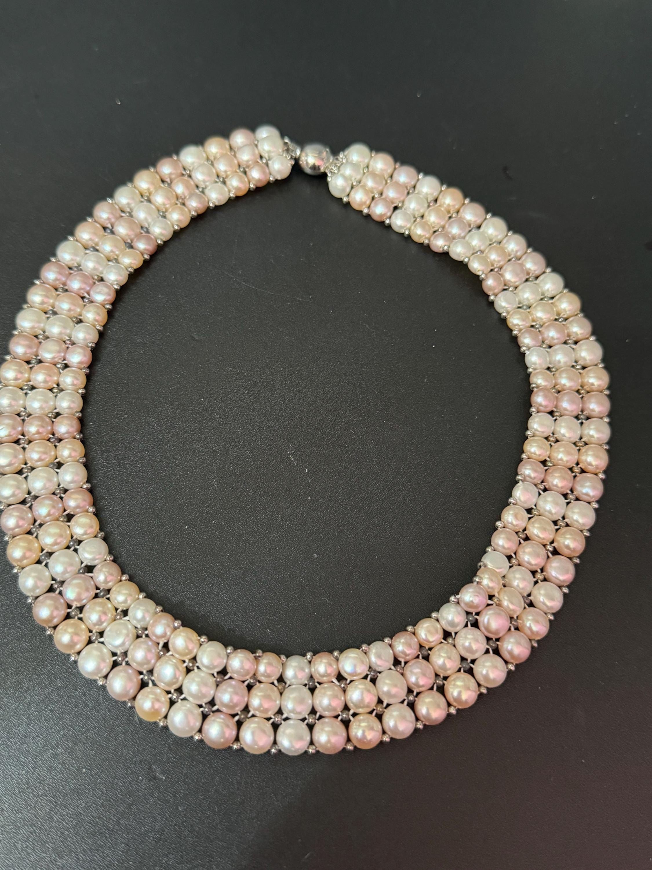 vintage soft pink cream 2cm wide freshwater pearl choker necklace with 925 sterling silver clasp 42cm