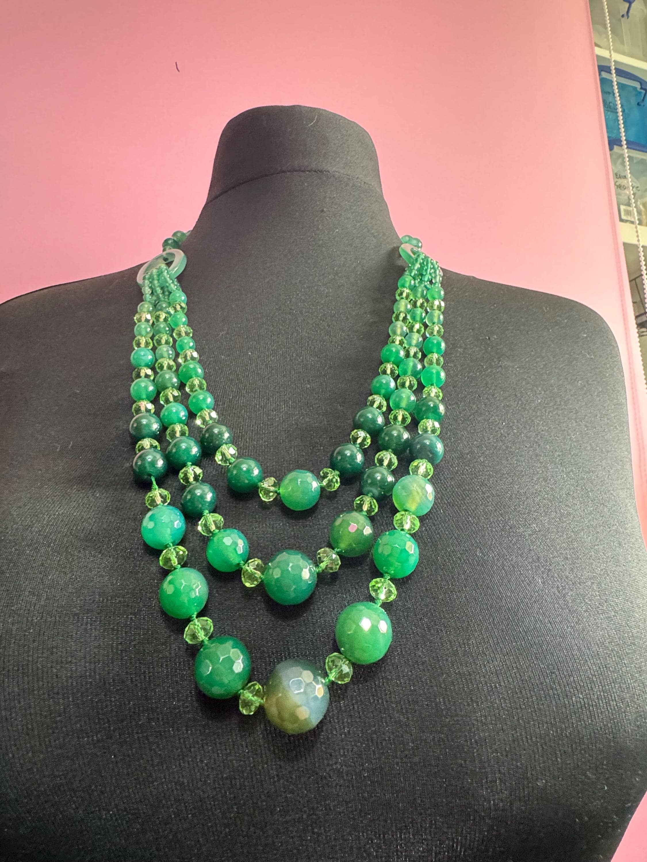 High end natural green agate and faceted clear beaded Multistrand statement necklace with 925 silver clasp