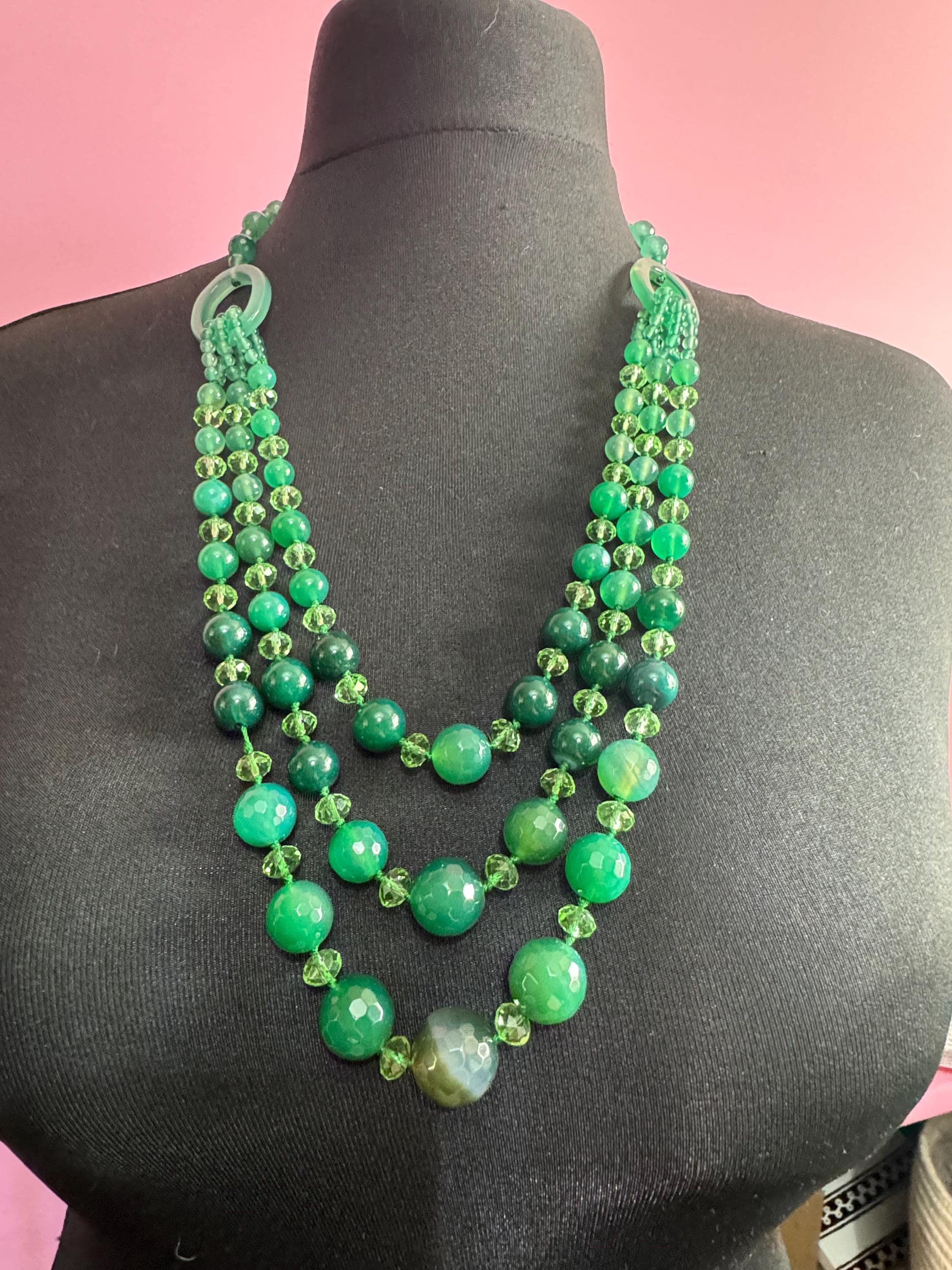 High end natural green agate and faceted clear beaded Multistrand statement necklace with 925 silver clasp