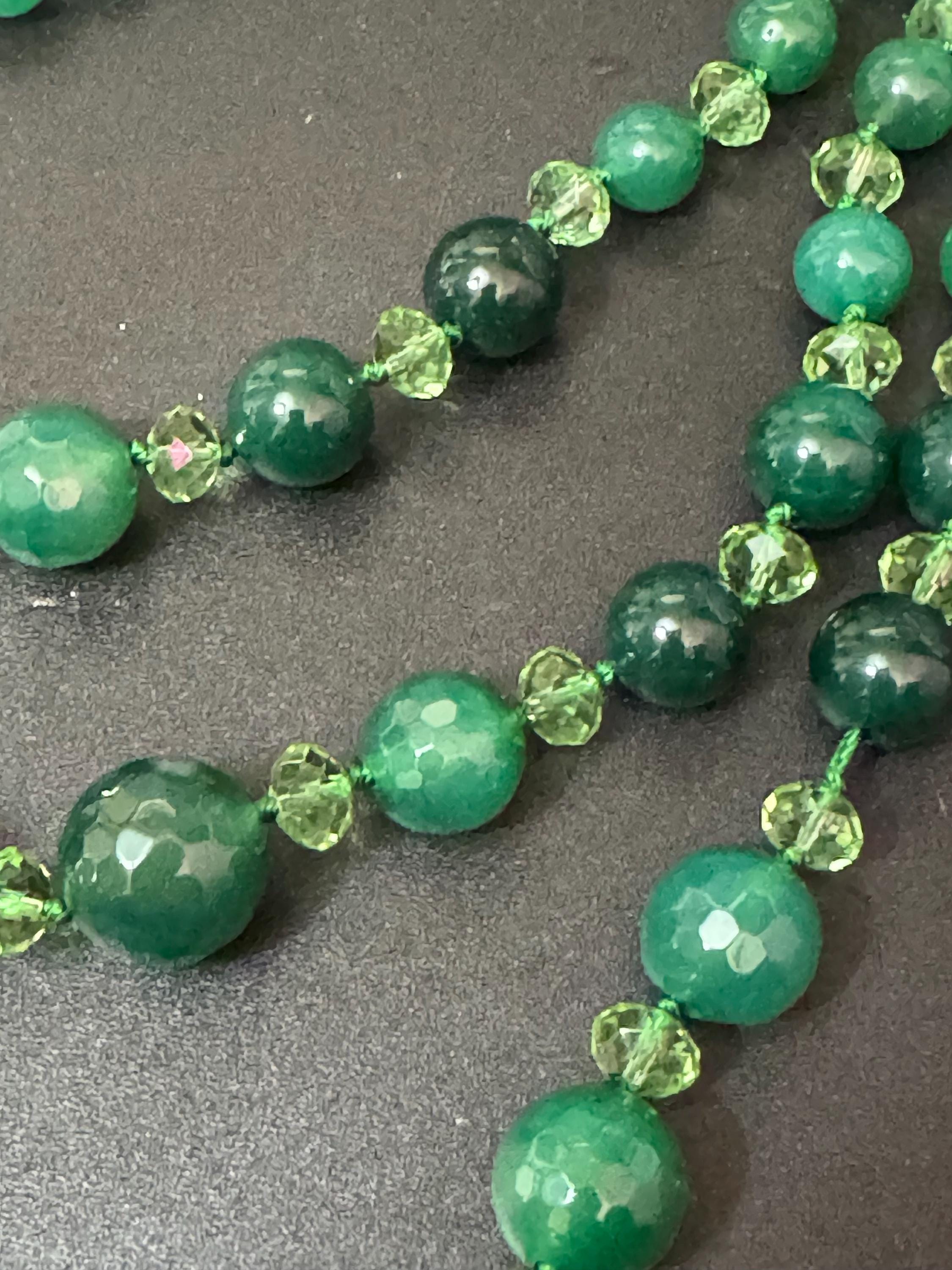 High end natural green agate and faceted clear beaded Multistrand statement necklace with 925 silver clasp