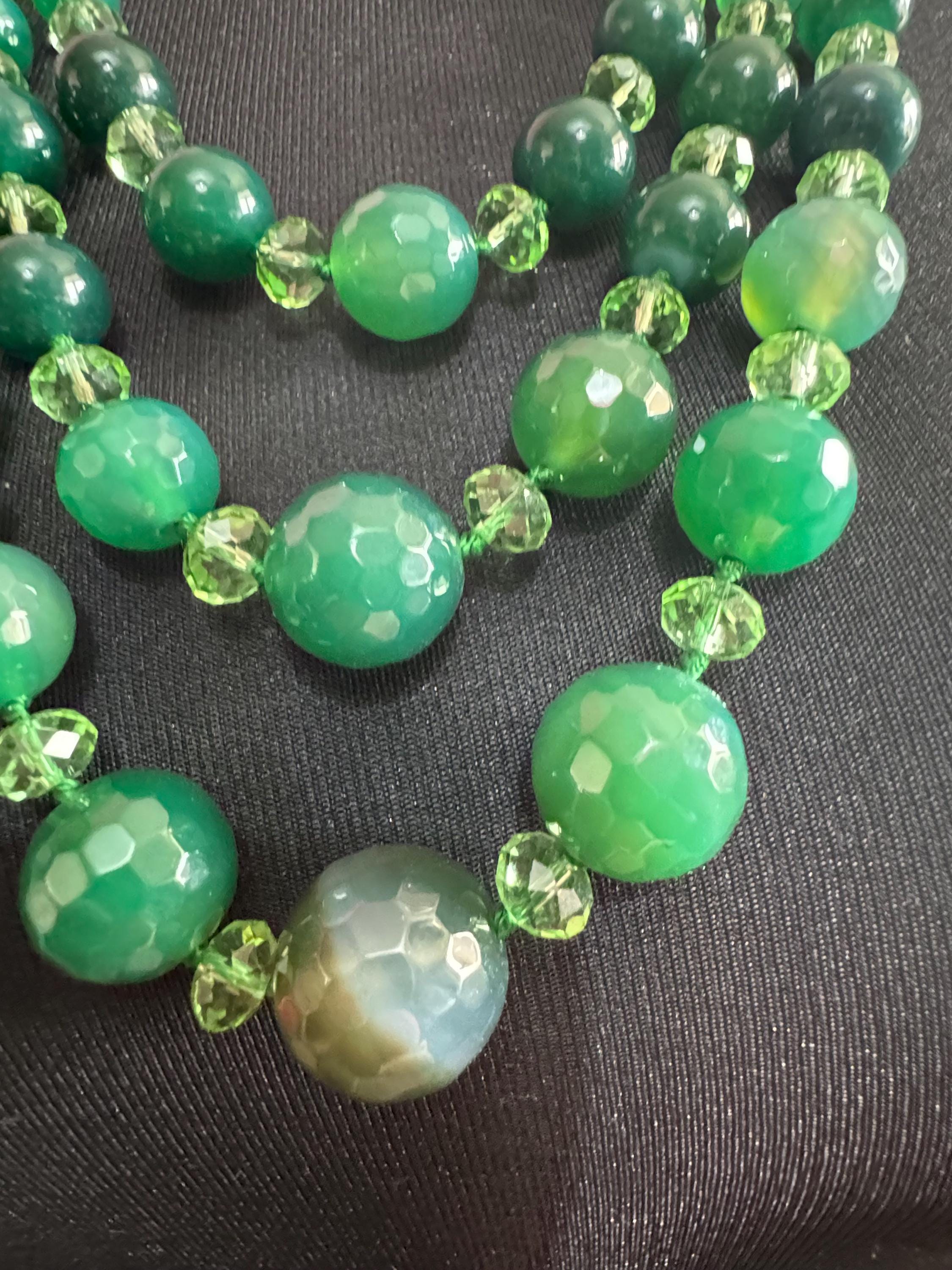 High end natural green agate and faceted clear beaded Multistrand statement necklace with 925 silver clasp