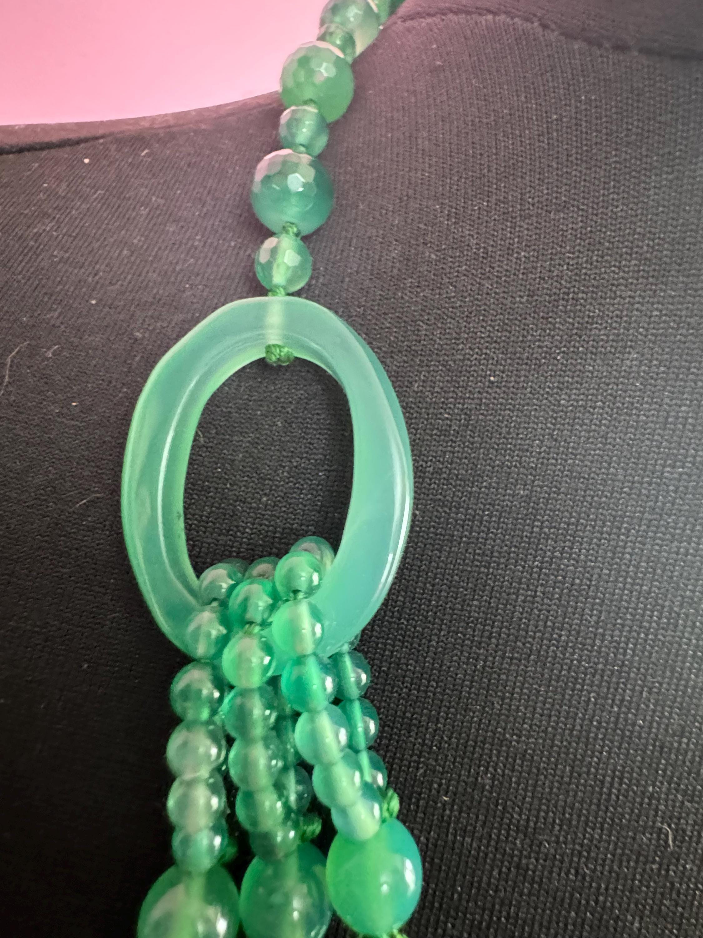 High end natural green agate and faceted clear beaded Multistrand statement necklace with 925 silver clasp