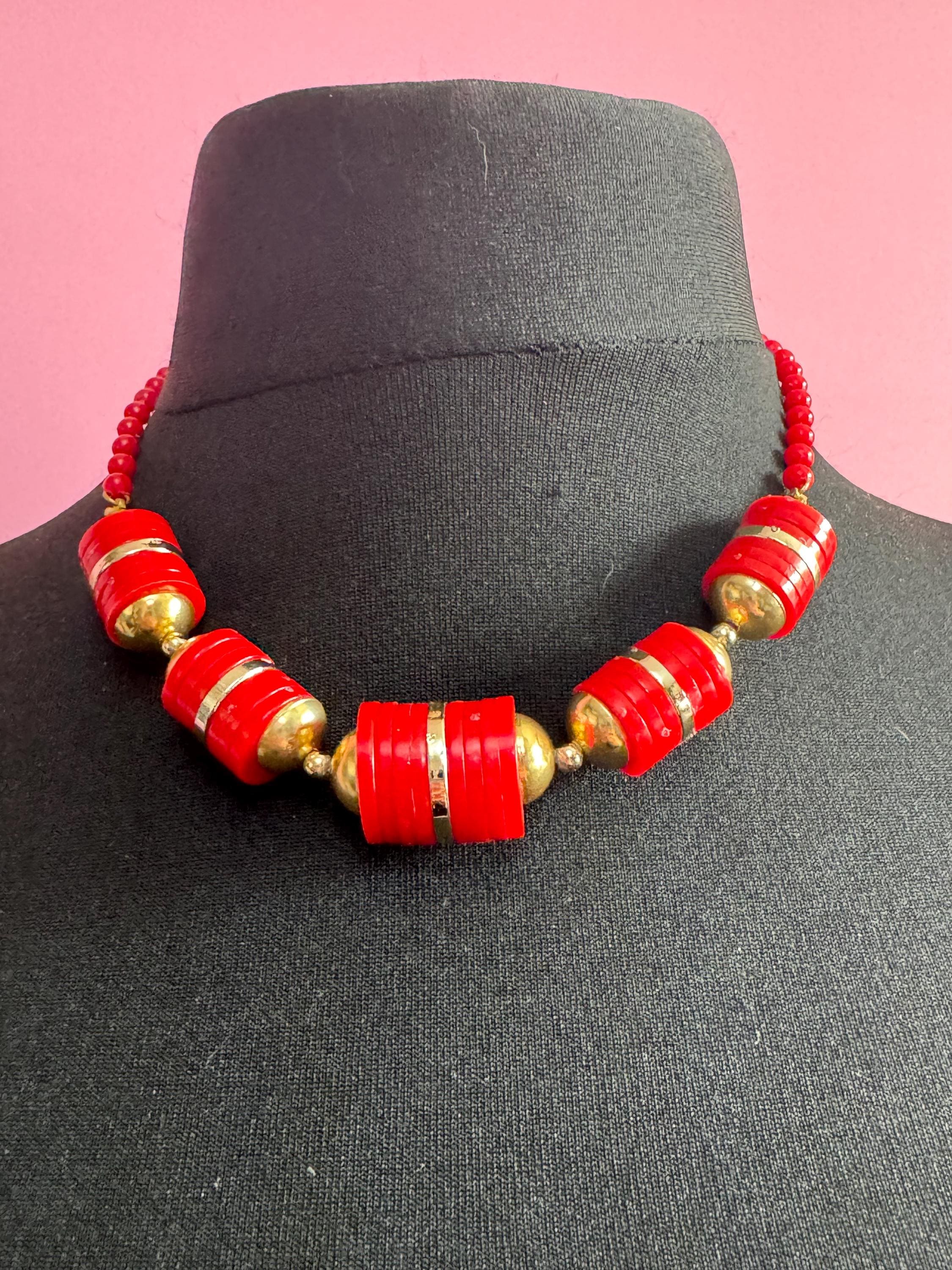 Vintage Modernist art deco style gold tone barrel beaded collar necklace bright cherry red plastic beads