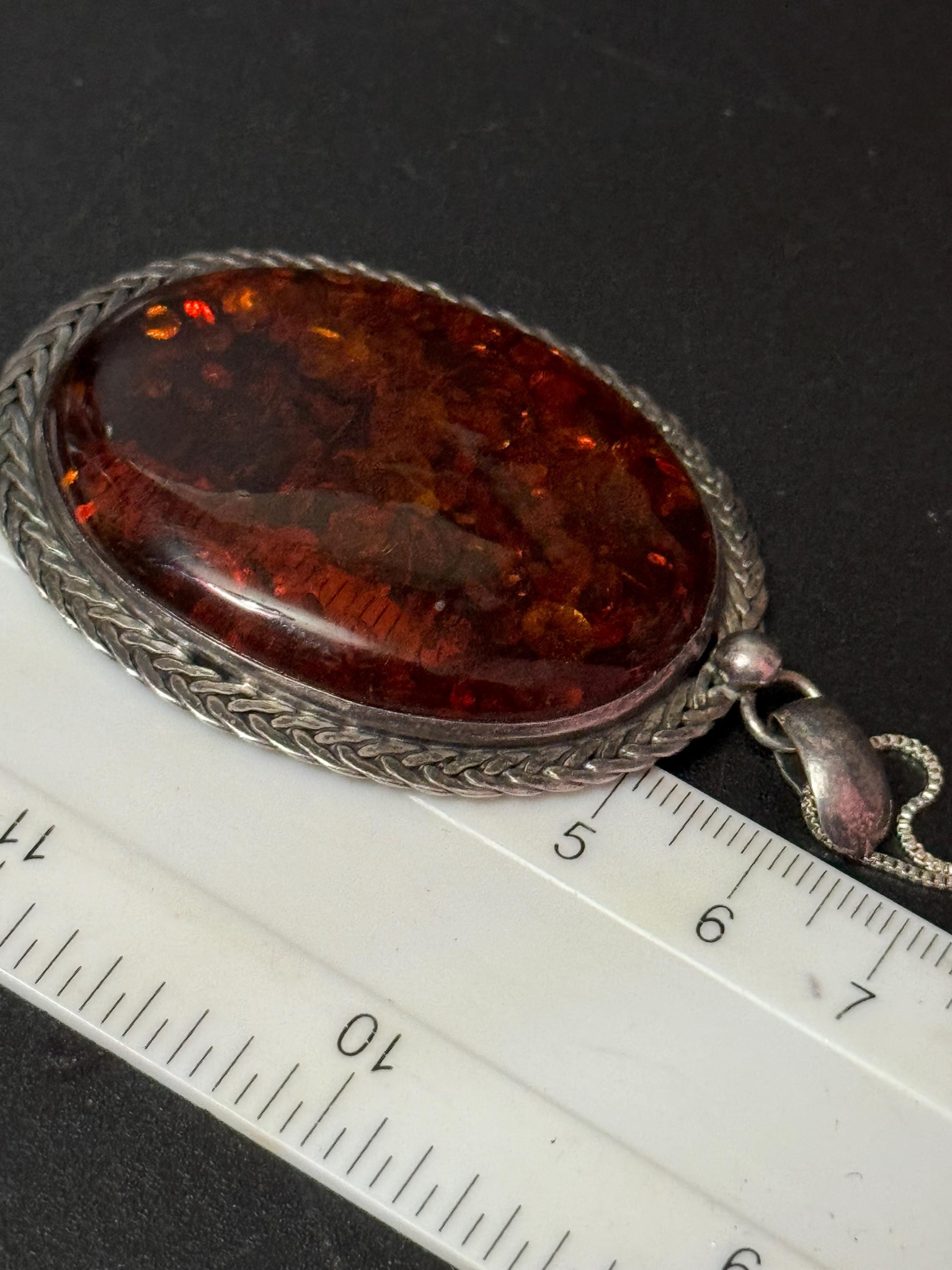 Large Natural Amber gem set oval Pendant and chain necklace Sterling 925 Silver gemstone