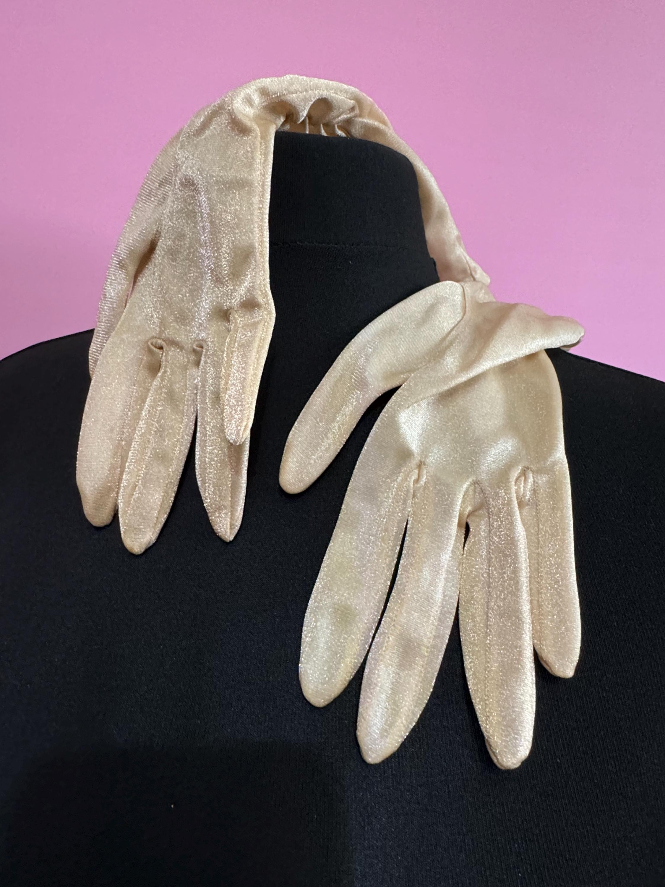 Size 6.5 small Signed DENTS 34cm glittery nylon gold metallic ruched long evening cocktail gloves