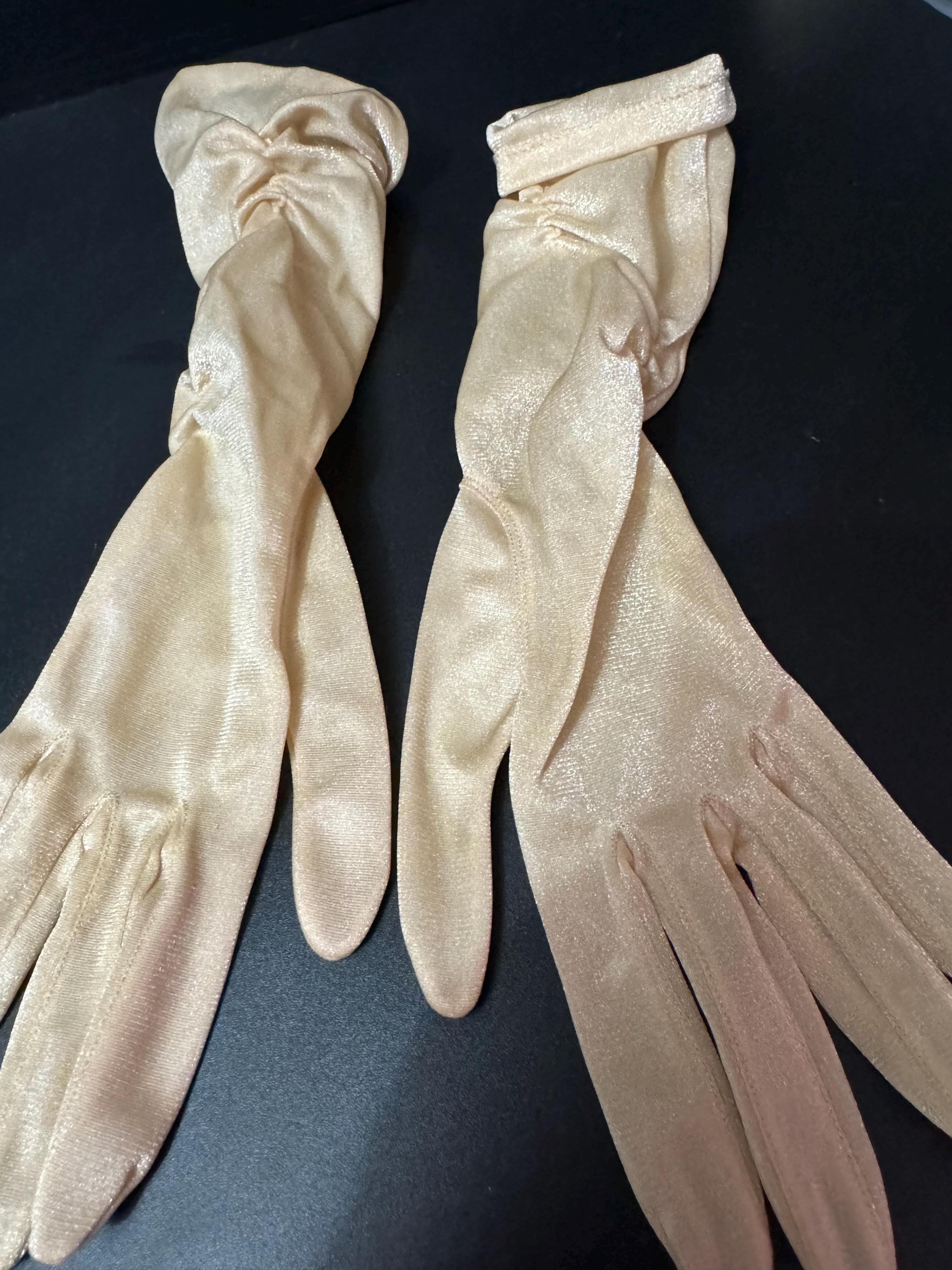 Size 6.5 small Signed DENTS 34cm glittery nylon gold metallic ruched long evening cocktail gloves