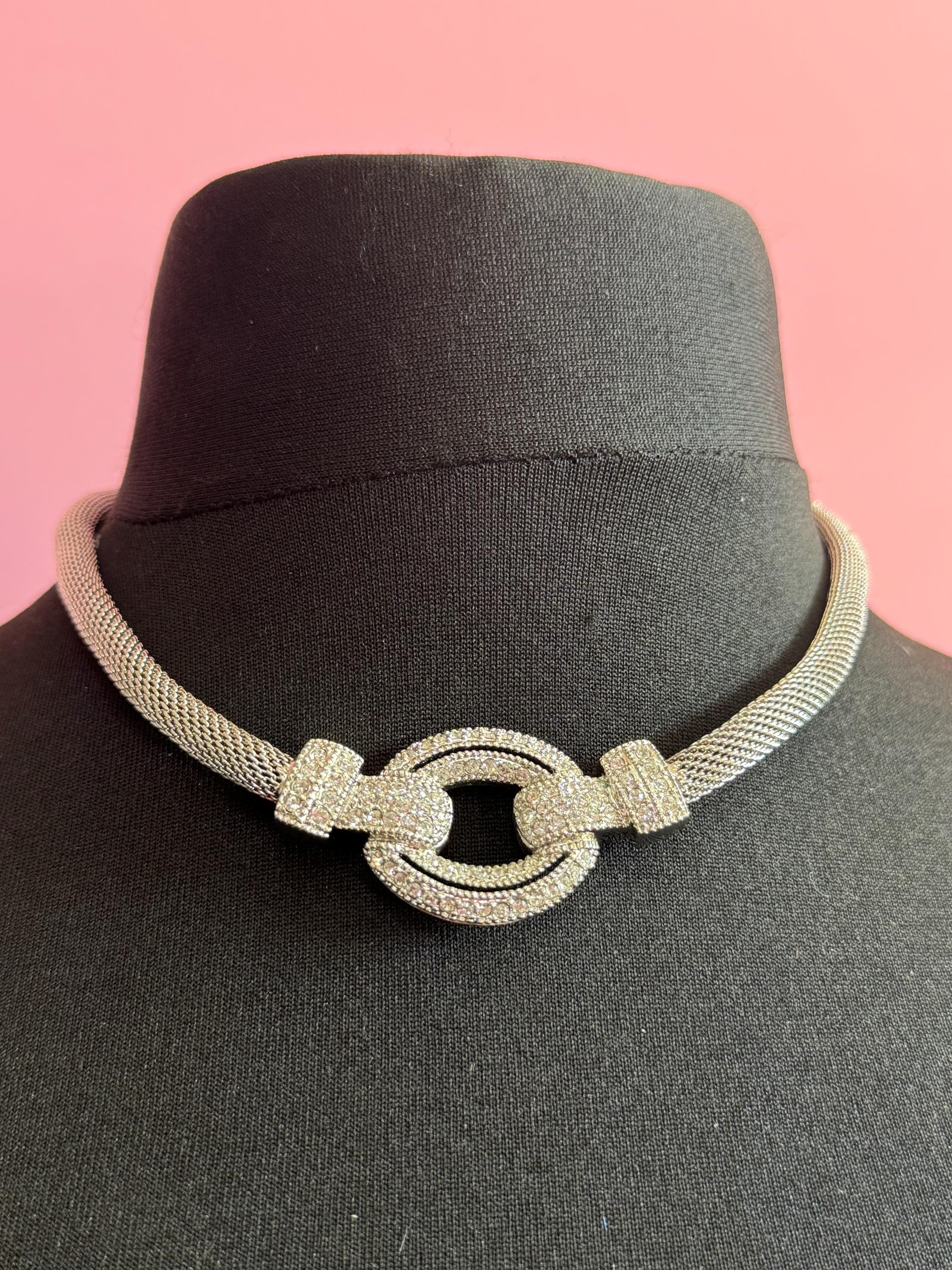 vintage camrose and kross silver plated mesh crystal diamanté collar necklace Jacqueline bouvier Kennedy