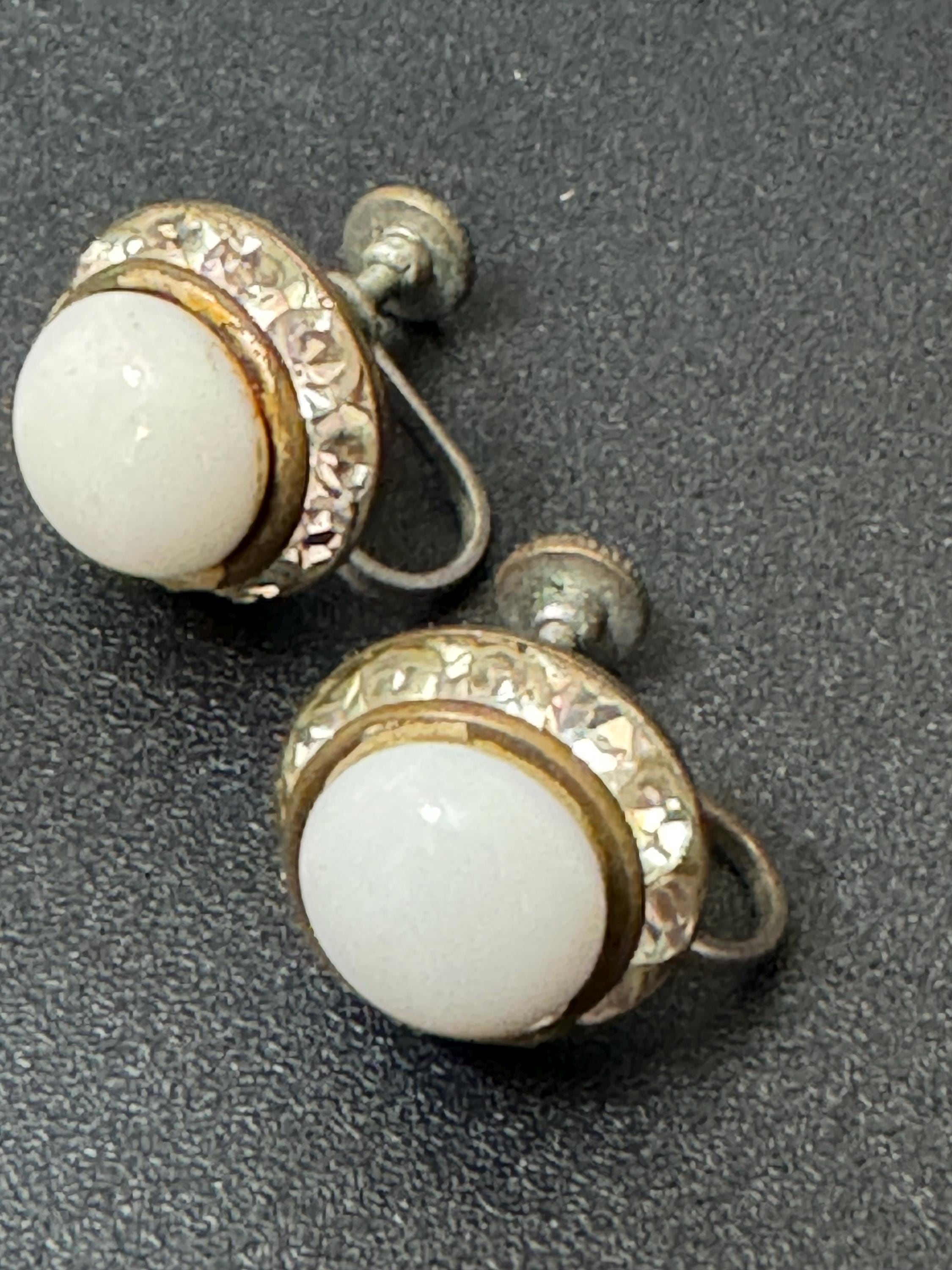 Vintage 1940s 1950s 1960s diamanté paste set milk glass white beaded button Clip On Earrings