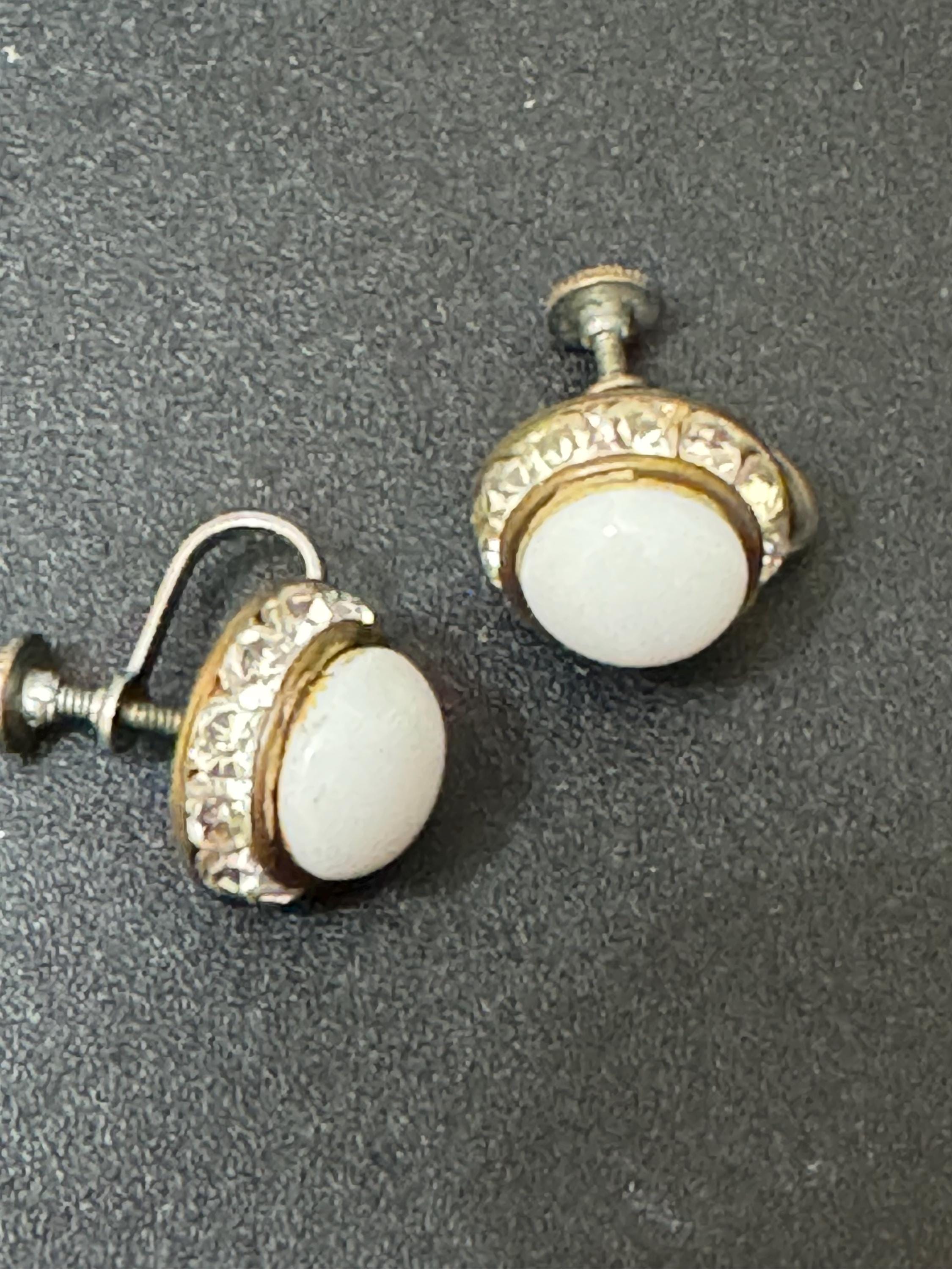 Vintage 1940s 1950s 1960s diamanté paste set milk glass white beaded button Clip On Earrings