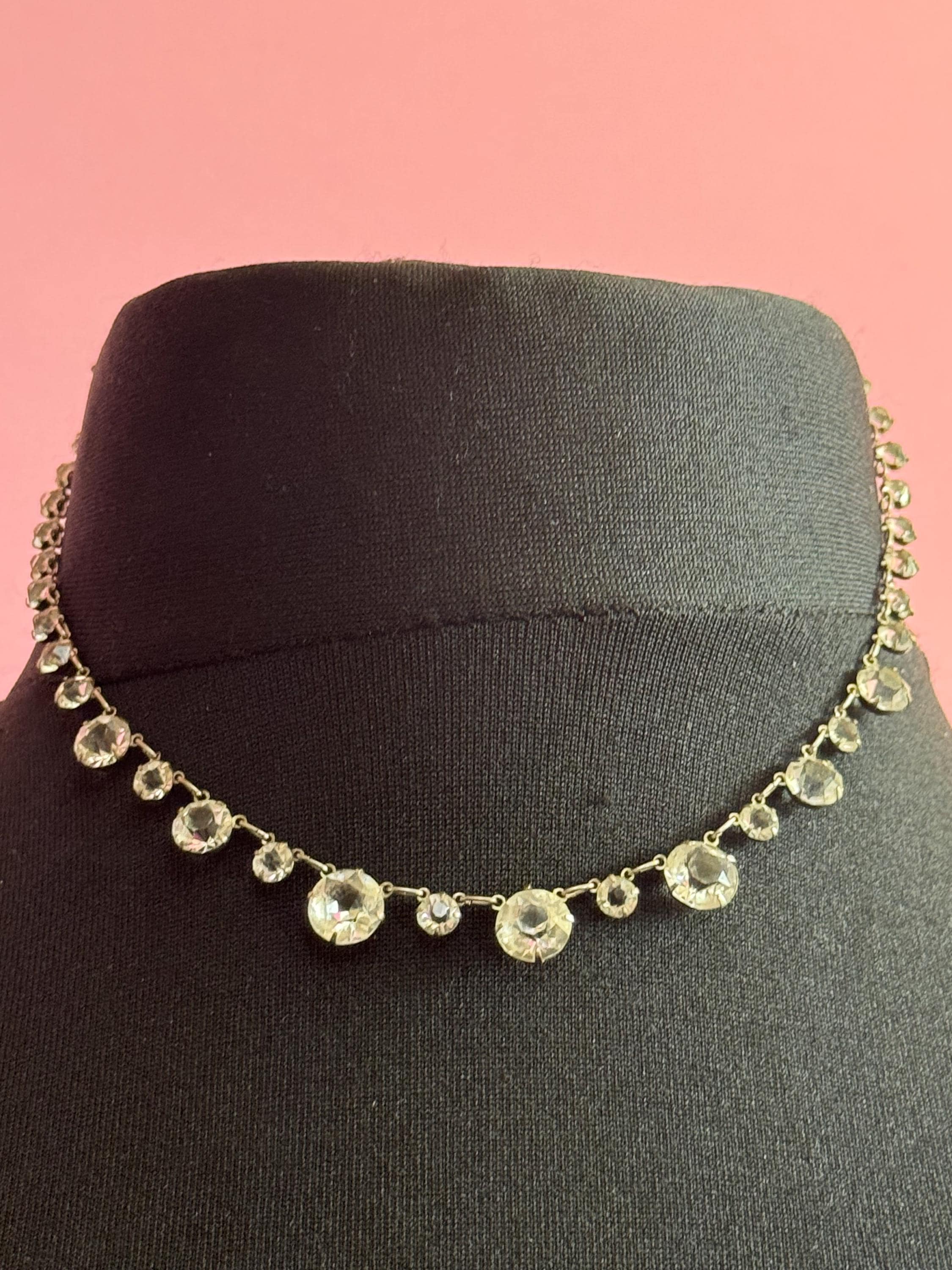 39cm dainty petite fit Art Deco sterling silver open back crystal clear diamanté Paste Rhinestone glass necklace 1920s