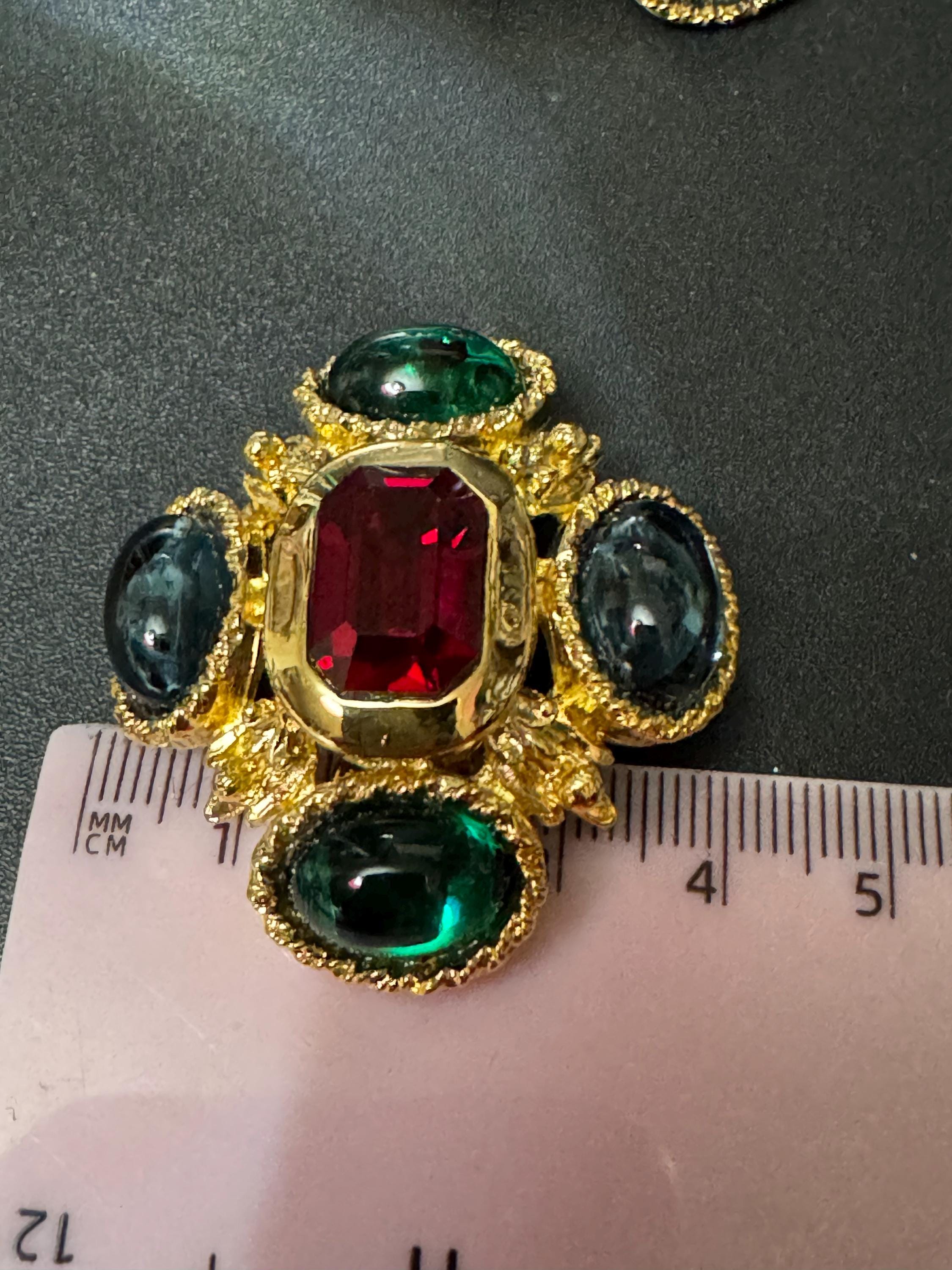 vintage oversized 4cm Gold tone ruby red and emerald green sapphire blue Swarovski crystal cabochon cross earrings 1980s