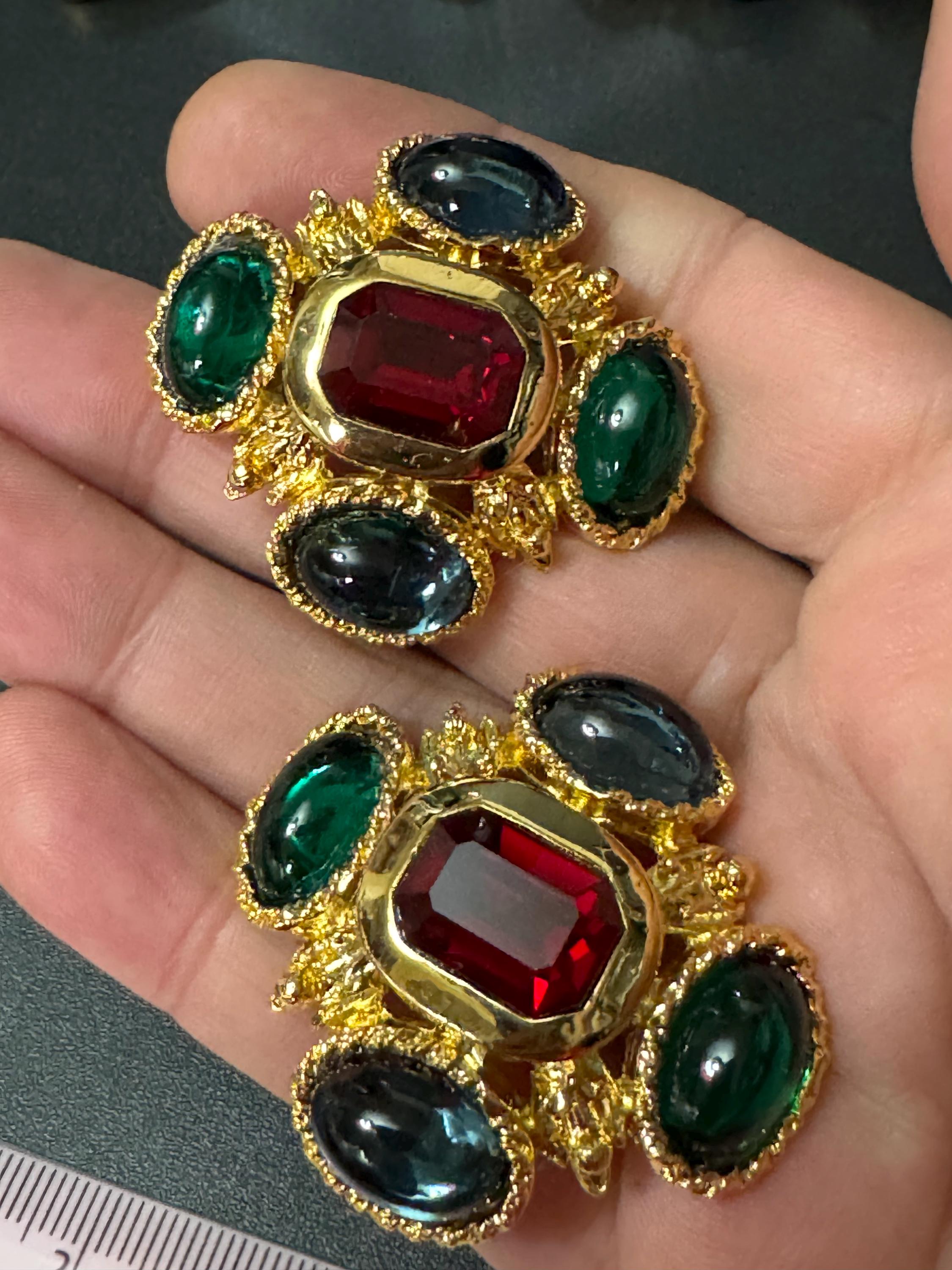 vintage oversized 4cm Gold tone ruby red and emerald green sapphire blue Swarovski crystal cabochon cross earrings 1980s