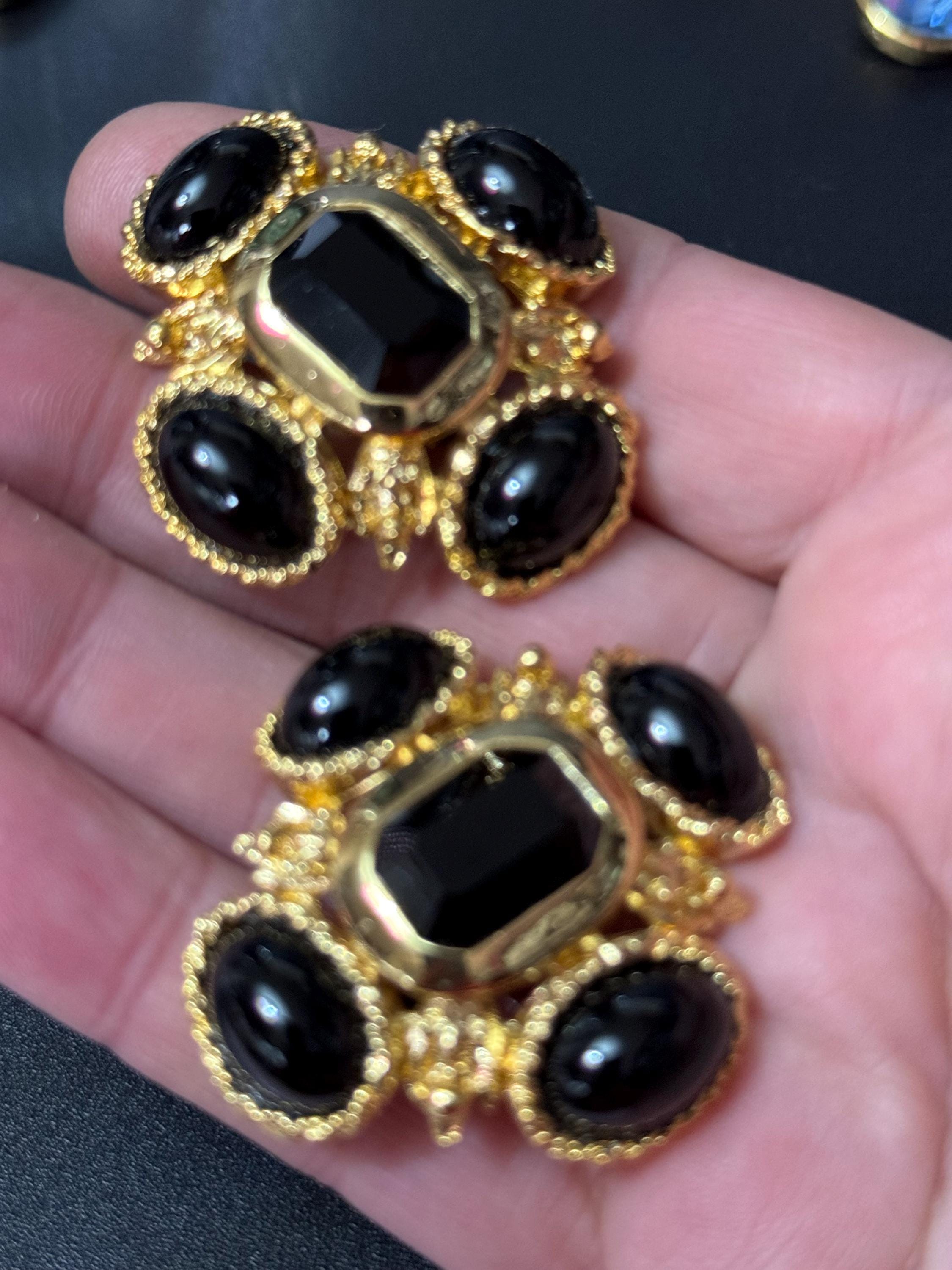 vintage oversized 4cm Gold tone Austrian black cabochon cross earrings 1980s