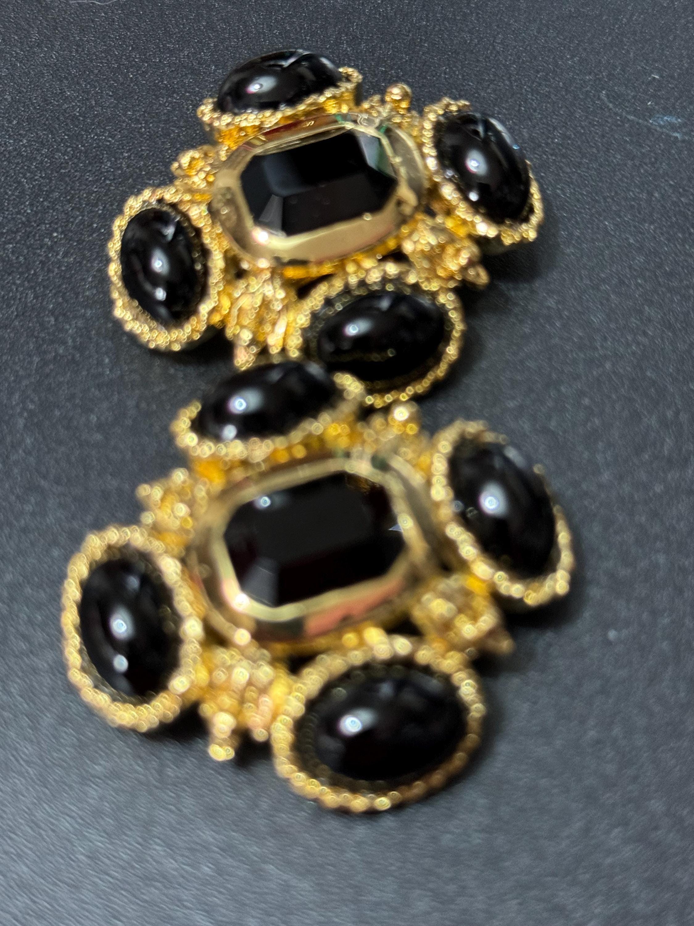 vintage oversized 4cm Gold tone Austrian black cabochon cross earrings 1980s