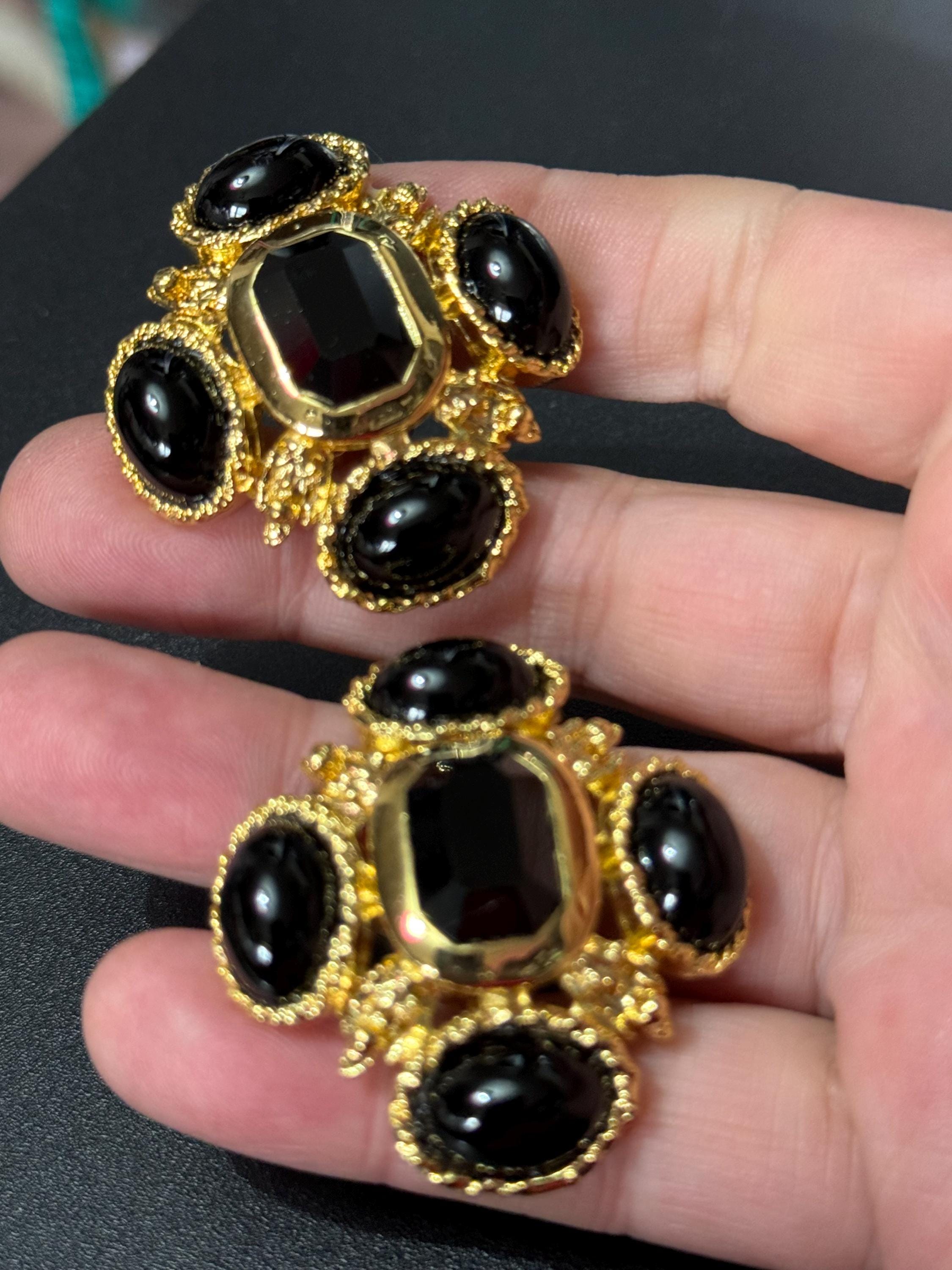 vintage oversized 4cm Gold tone Austrian black cabochon cross earrings 1980s