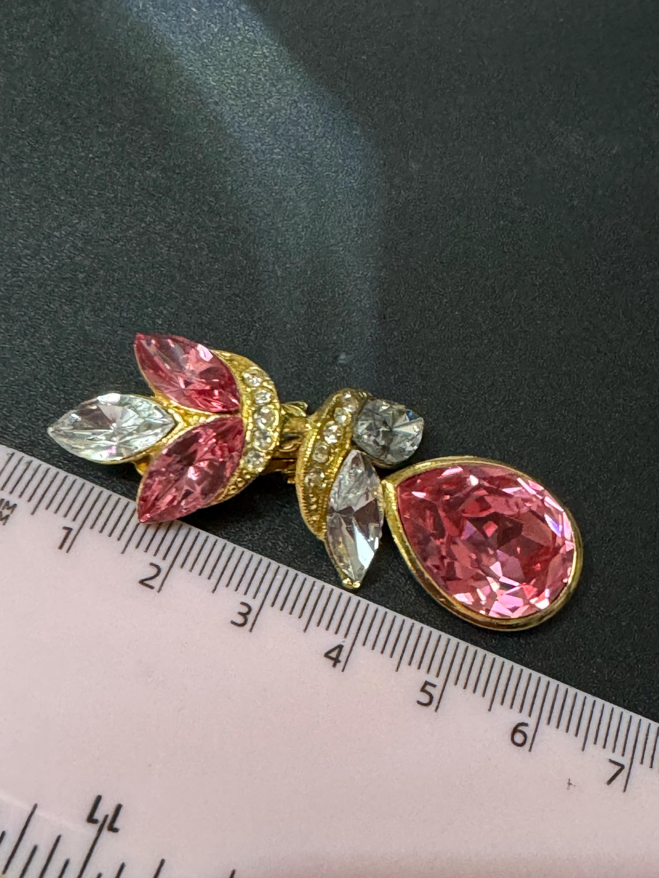 6cm Vintage 80s Swarovski crystal rhinestone diamanté light pink and clear teardrop clip on earrings gold tone