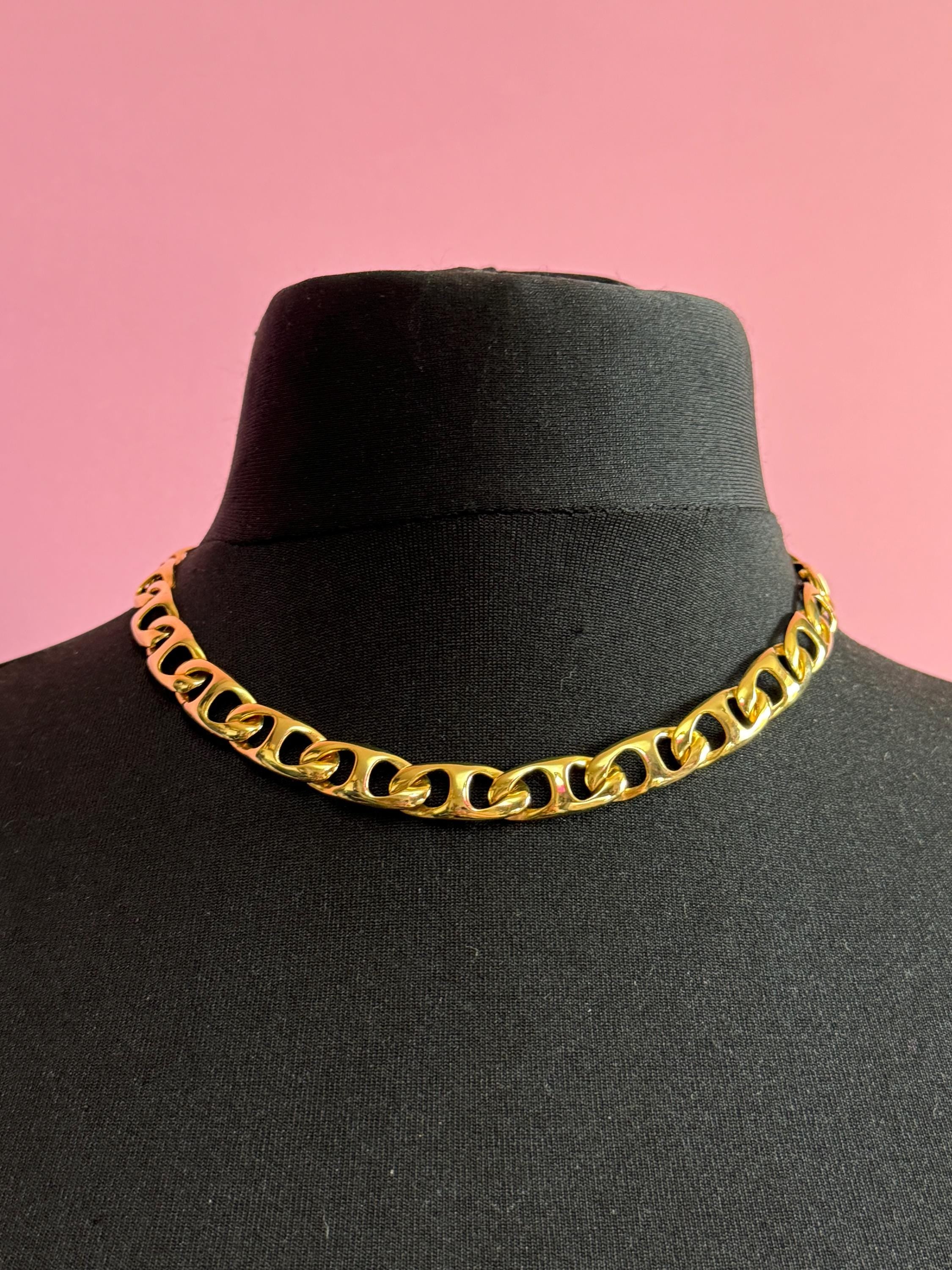 Retro 1980s 1990s ornate gold mariner chain link flat gold tone choker collar necklace