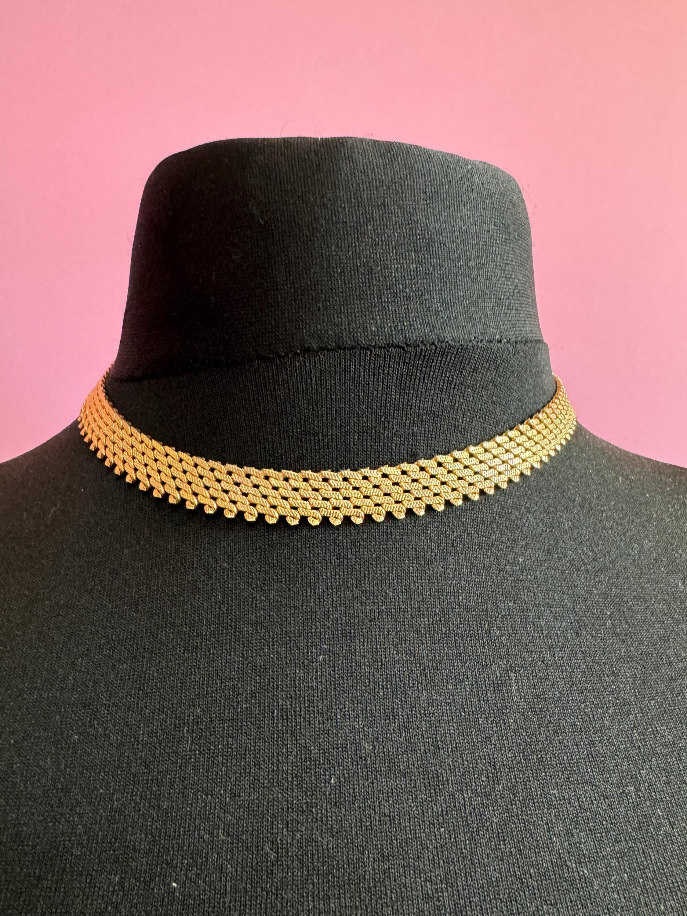 Vintage Egyptian Revival Cleopatra Necklace Wide Link Choker Collar gold tone necklace 1960s 1970s