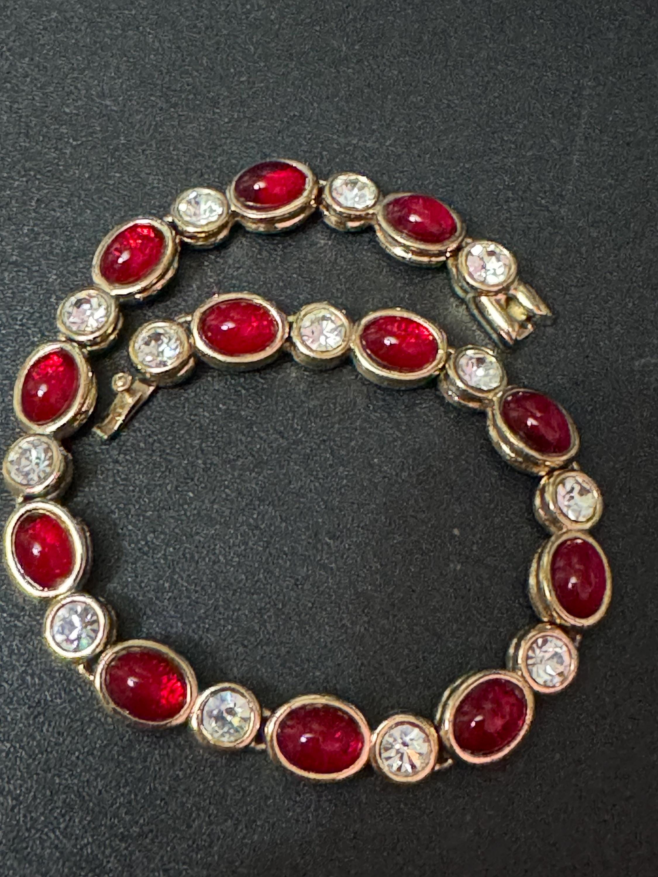 Vintage red ruby cabochon and clear diamanté Crystal bezel gold plated tennis bracelet 19cm