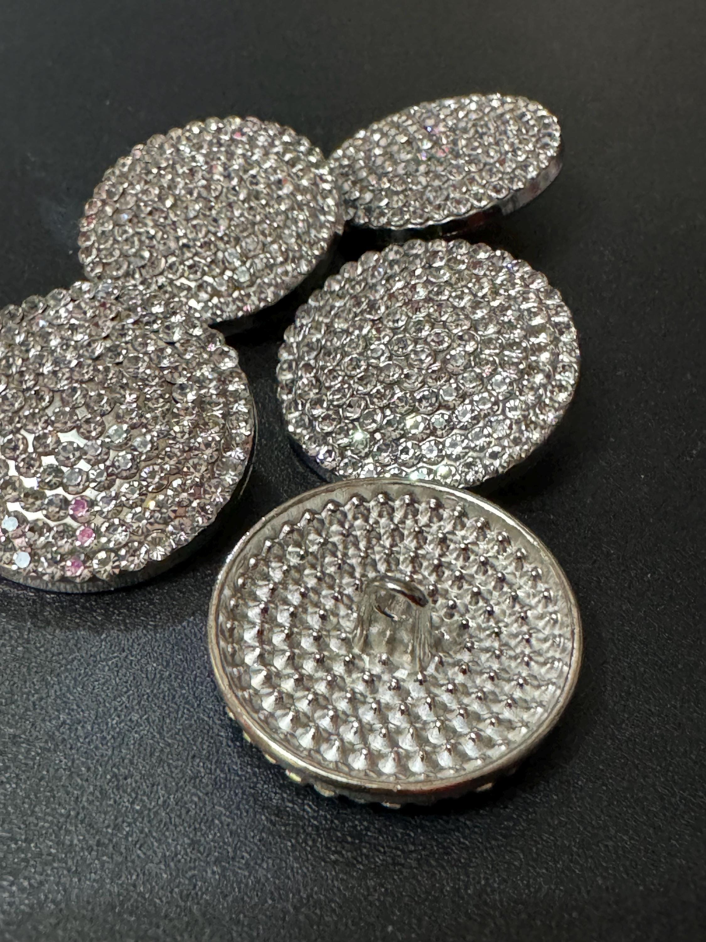 26mm Set of 5 round clear diamanté rhinestone low domed buttons silver tone