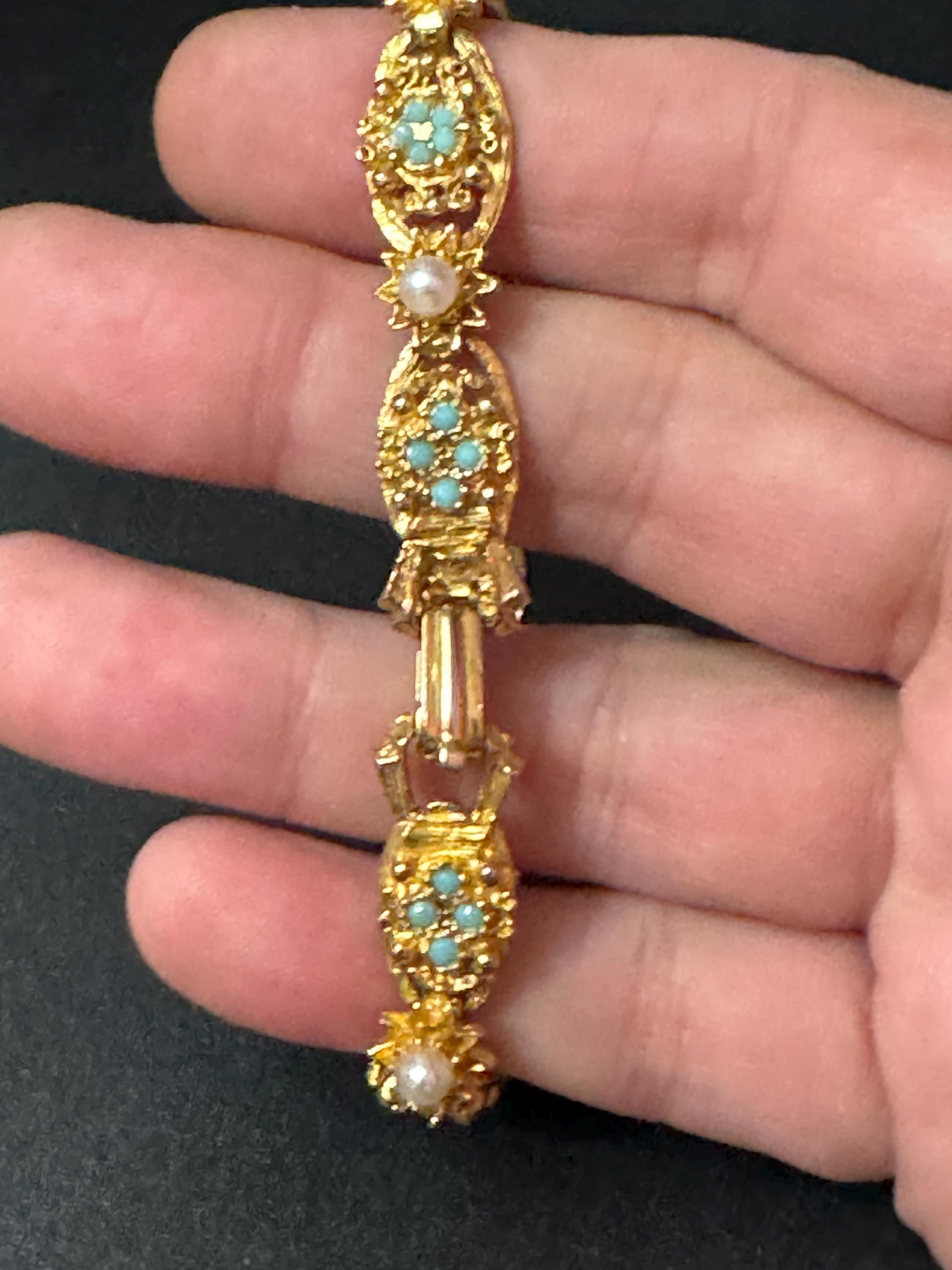 Vintage panel link gold tone bracelet with turquoise blue paste and seed pearls