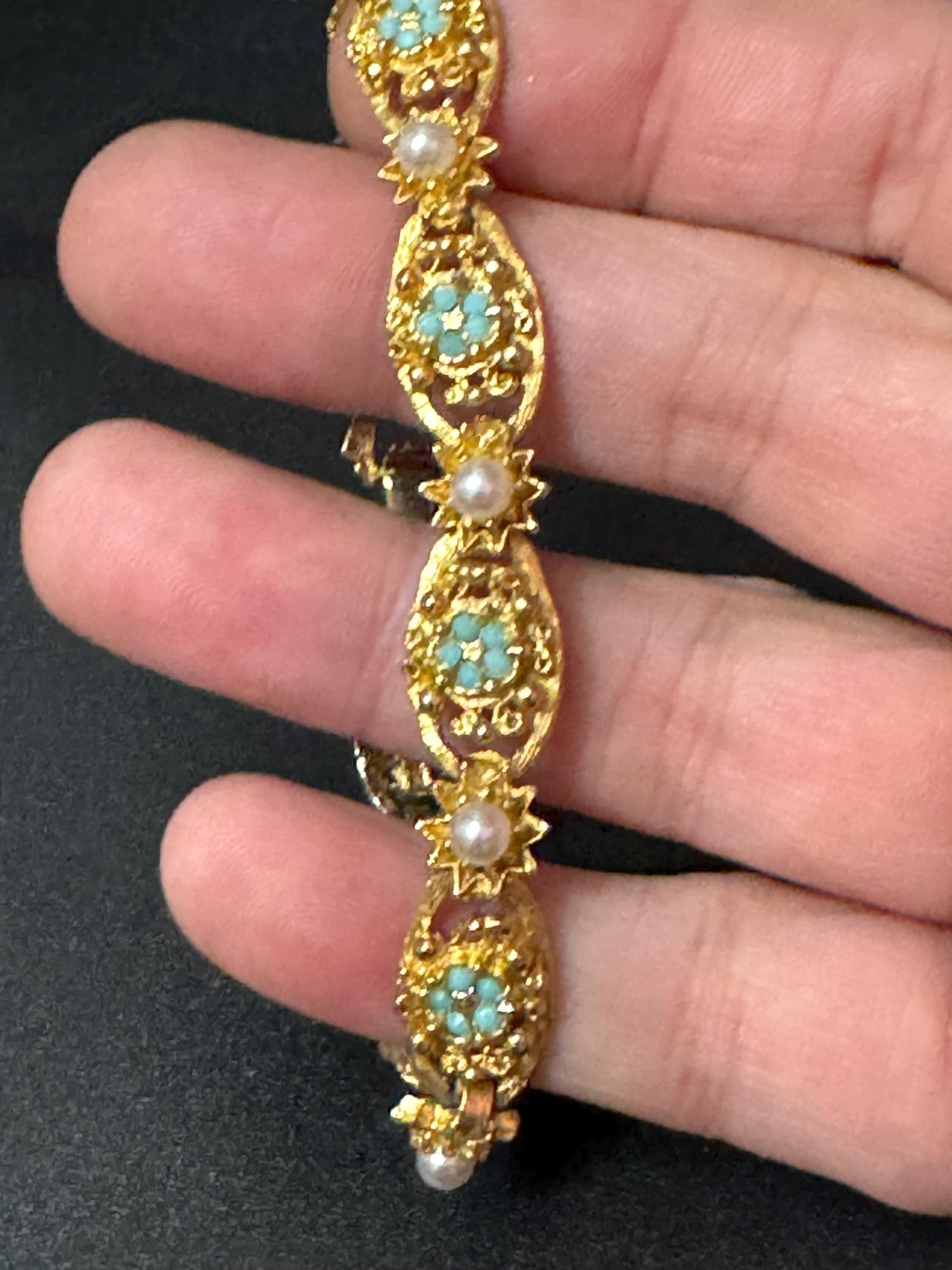 Vintage panel link gold tone bracelet with turquoise blue paste and seed pearls