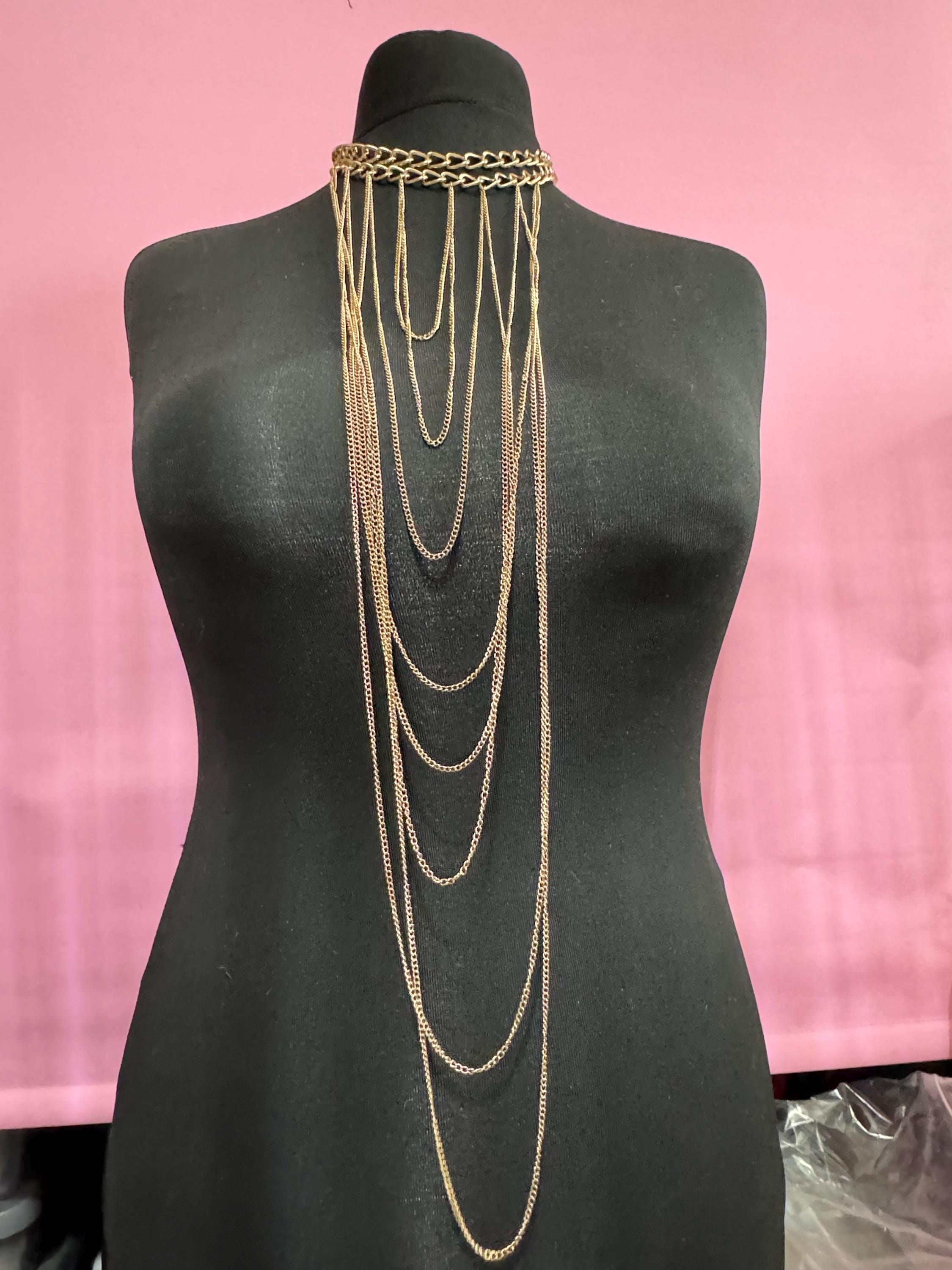 Retro statement gold tone chain link  oversized waterfall lariat necklace