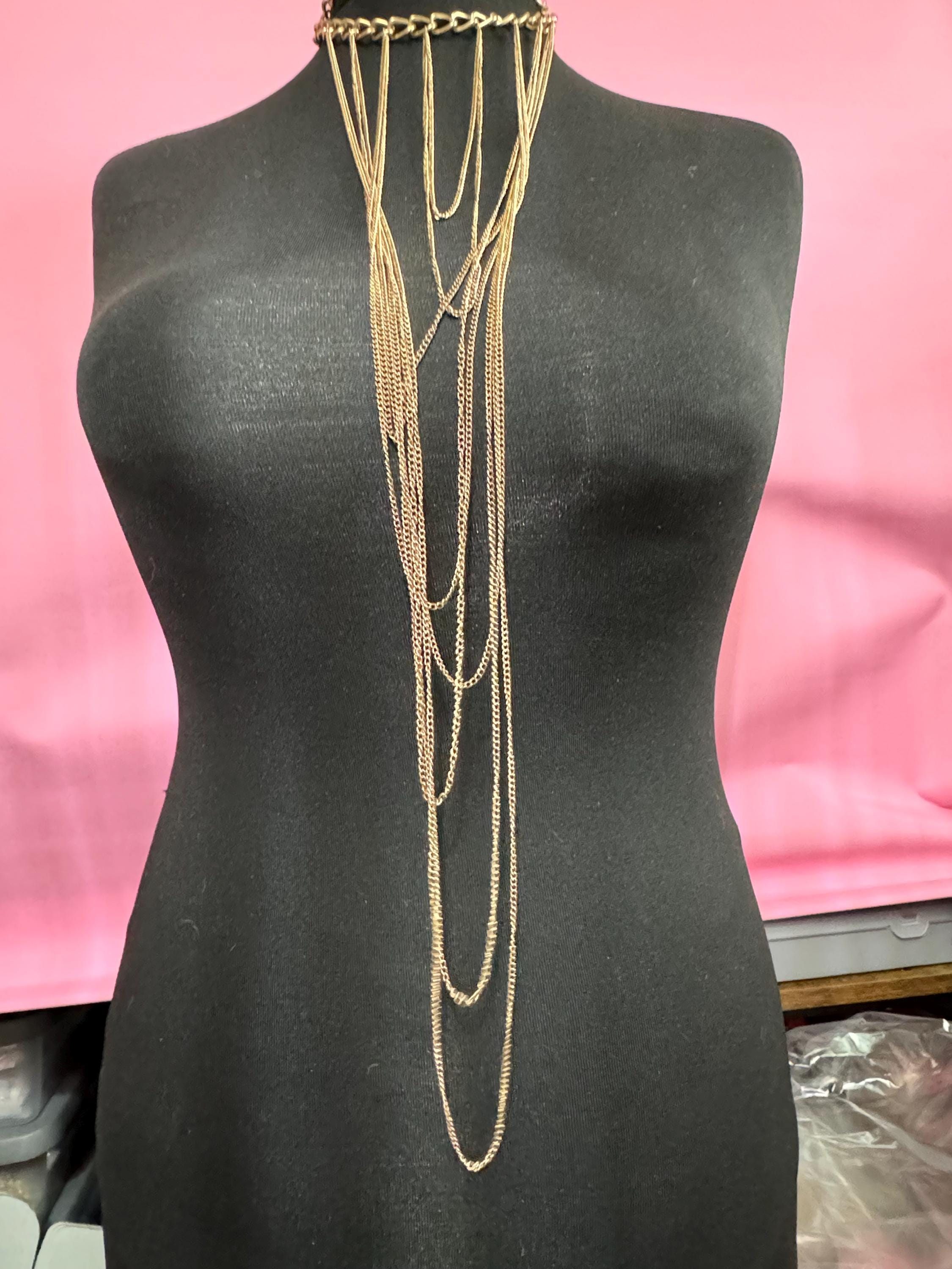 Retro statement gold tone chain link  oversized waterfall lariat necklace