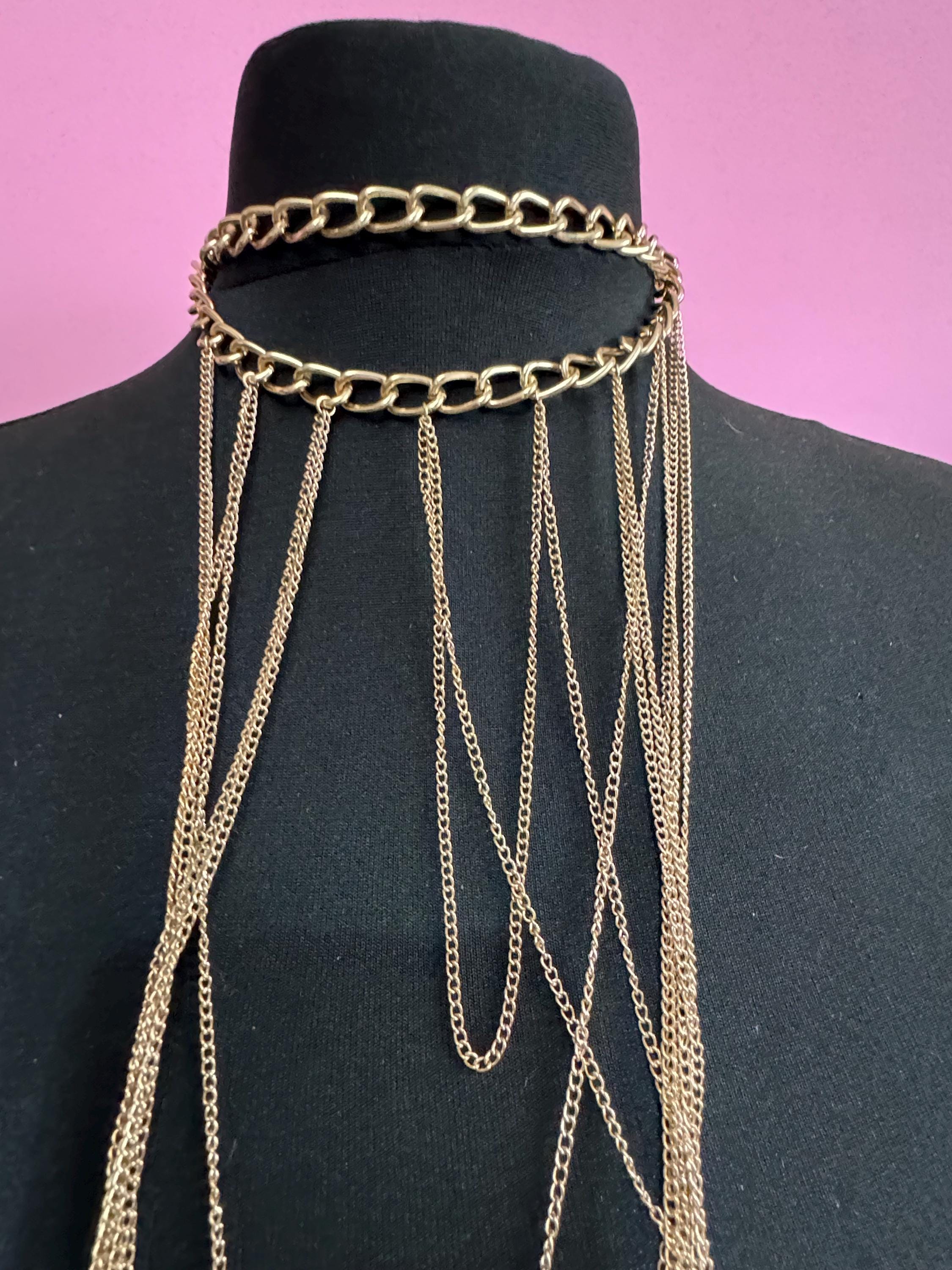 Retro statement gold tone chain link  oversized waterfall lariat necklace