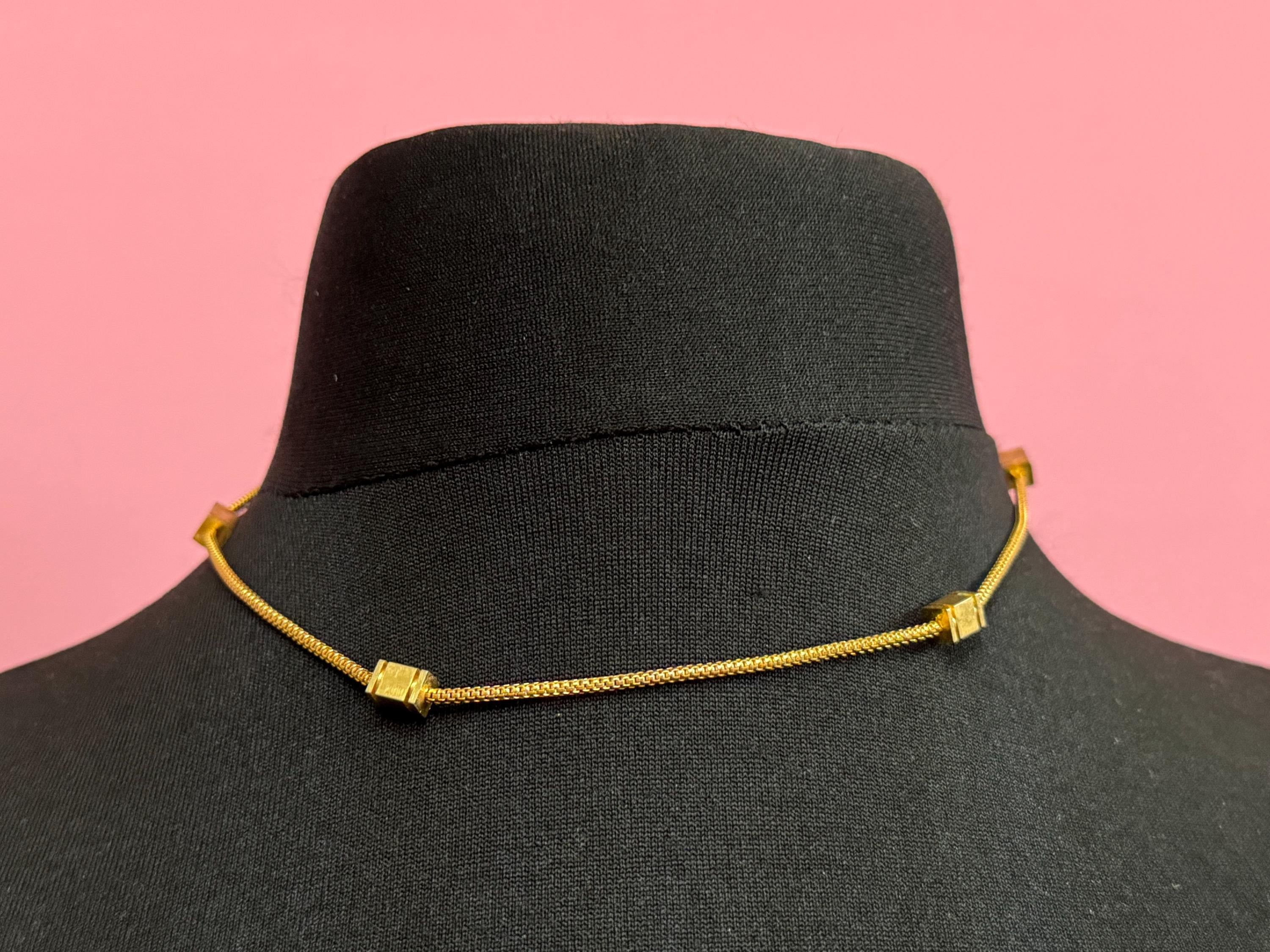 Vintage modernist gold tone snake link chain necklace with square beads 43cm