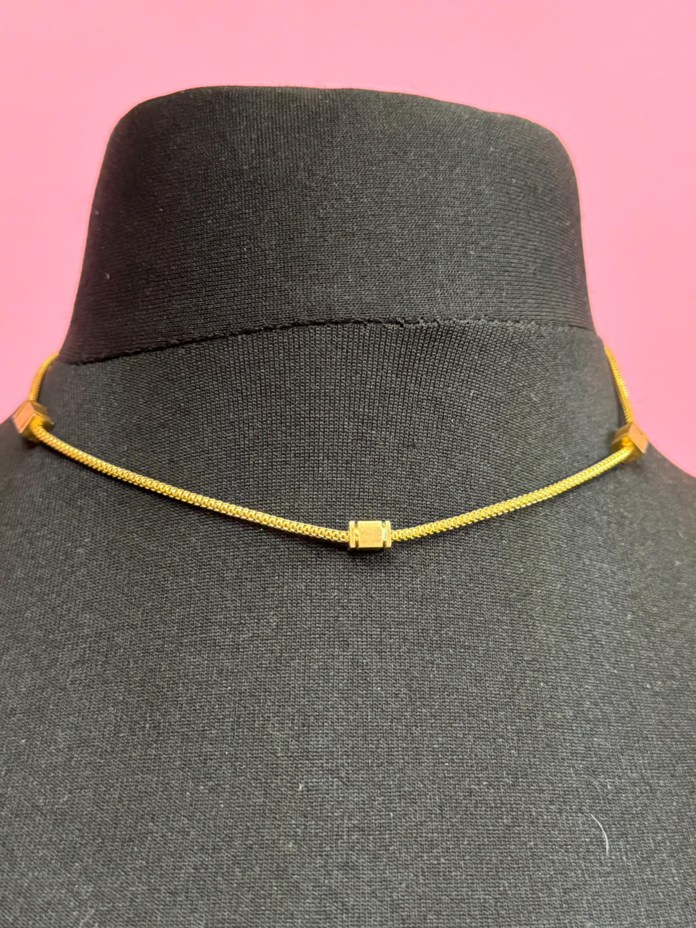 Vintage modernist gold tone snake link chain necklace with square beads 43cm