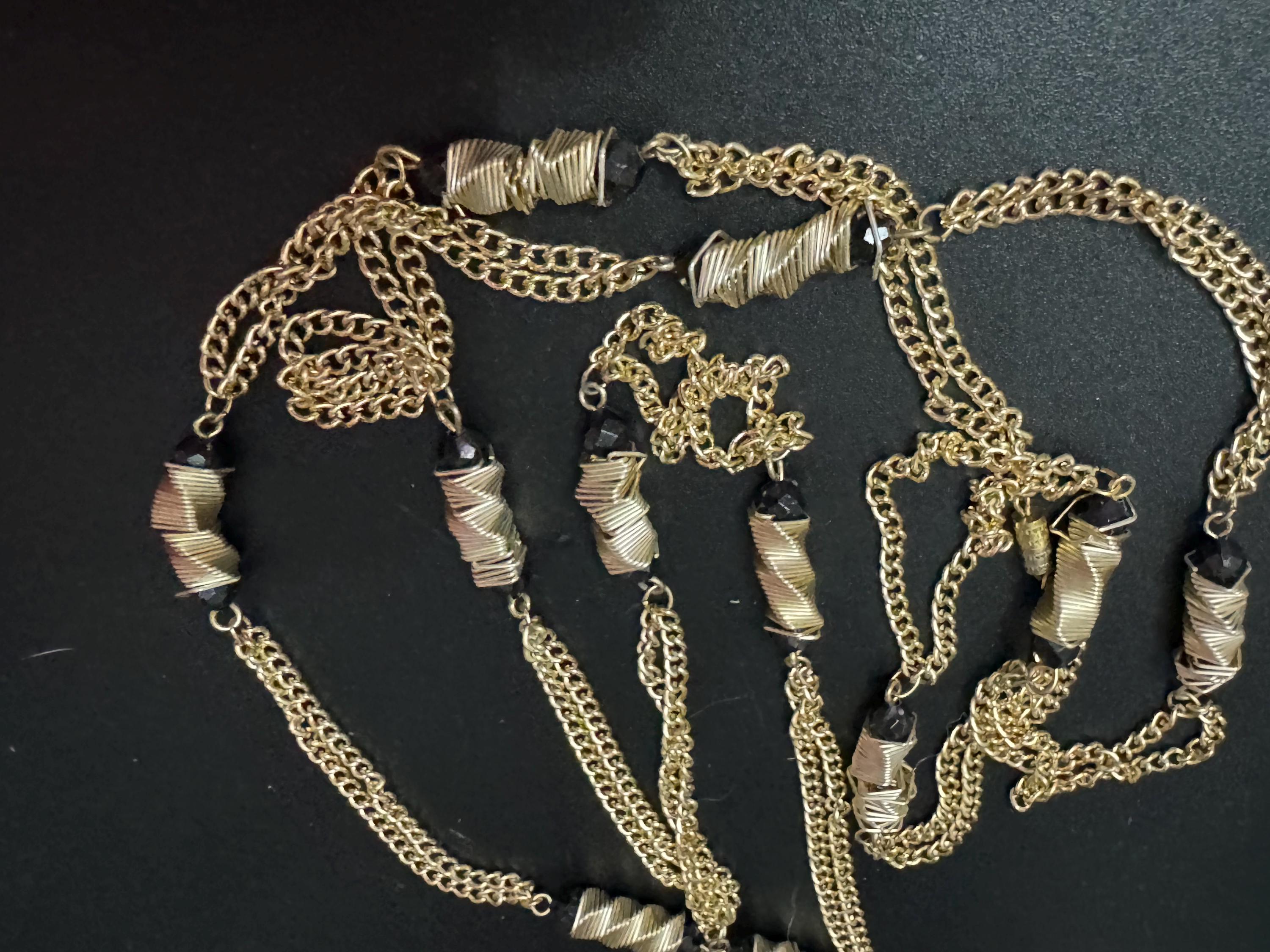 Vintage 1960s copper gold tone aluminium lightweight station link layering necklace with back plastic beads flapper length 120cm