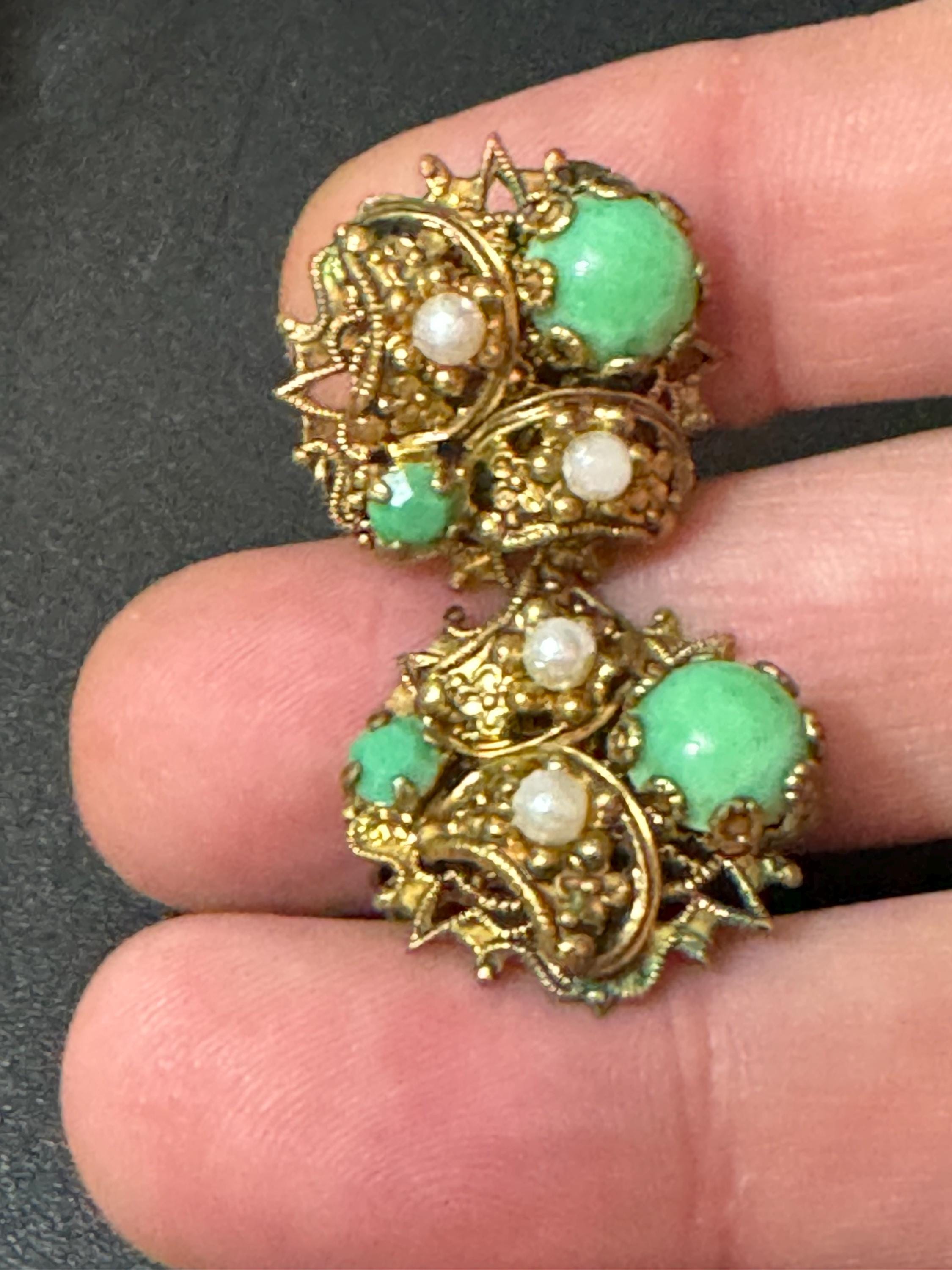 Czech Brass Filigree Green Glass faux seed pearl set clip on stud earrings Max Neiger Style Vintage