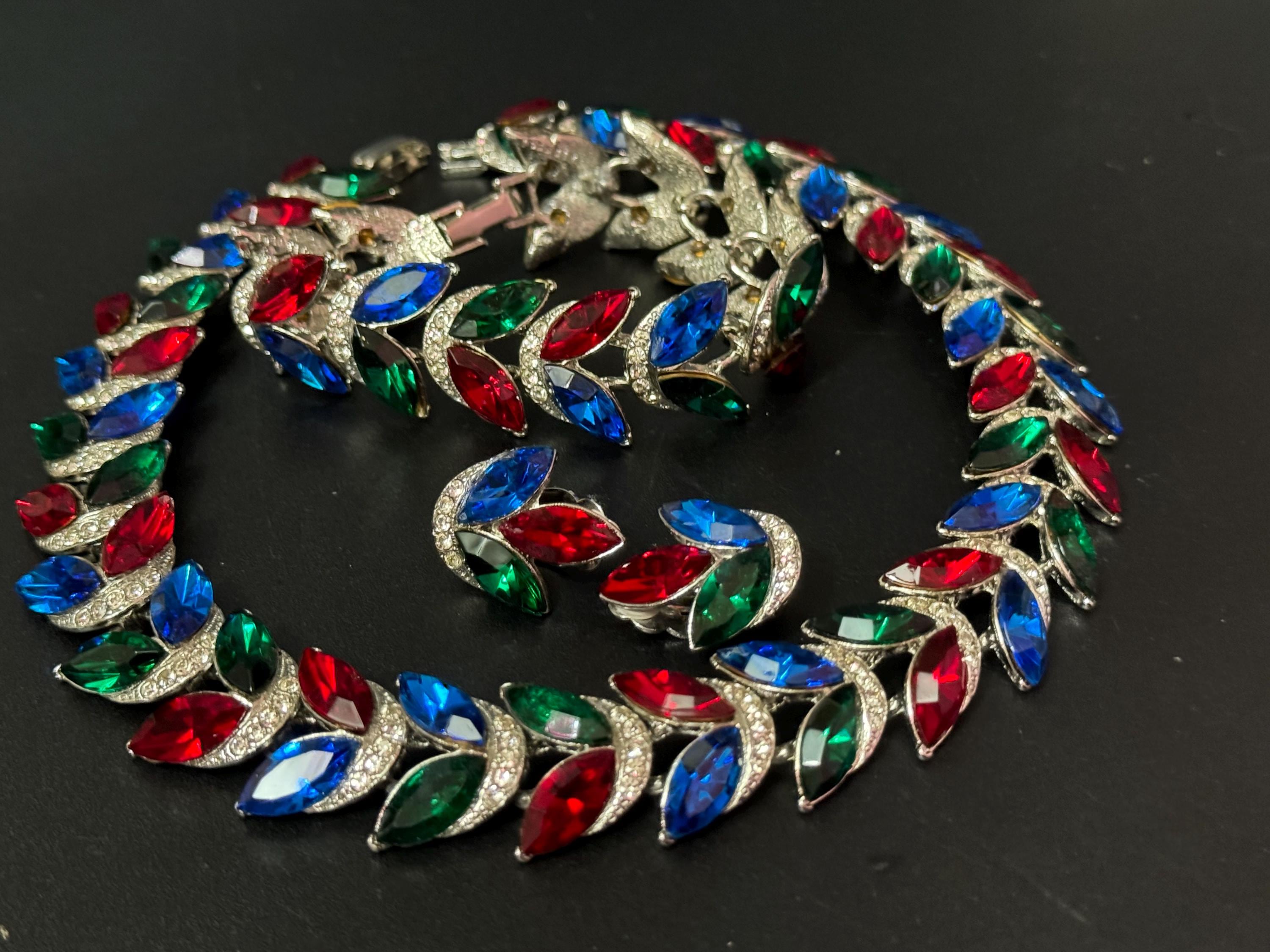 vintage silver tone ruby red, emerald green , sapphire blue Swarovski crystal rhinestone cocktail necklace bracelet and clip on earrings set