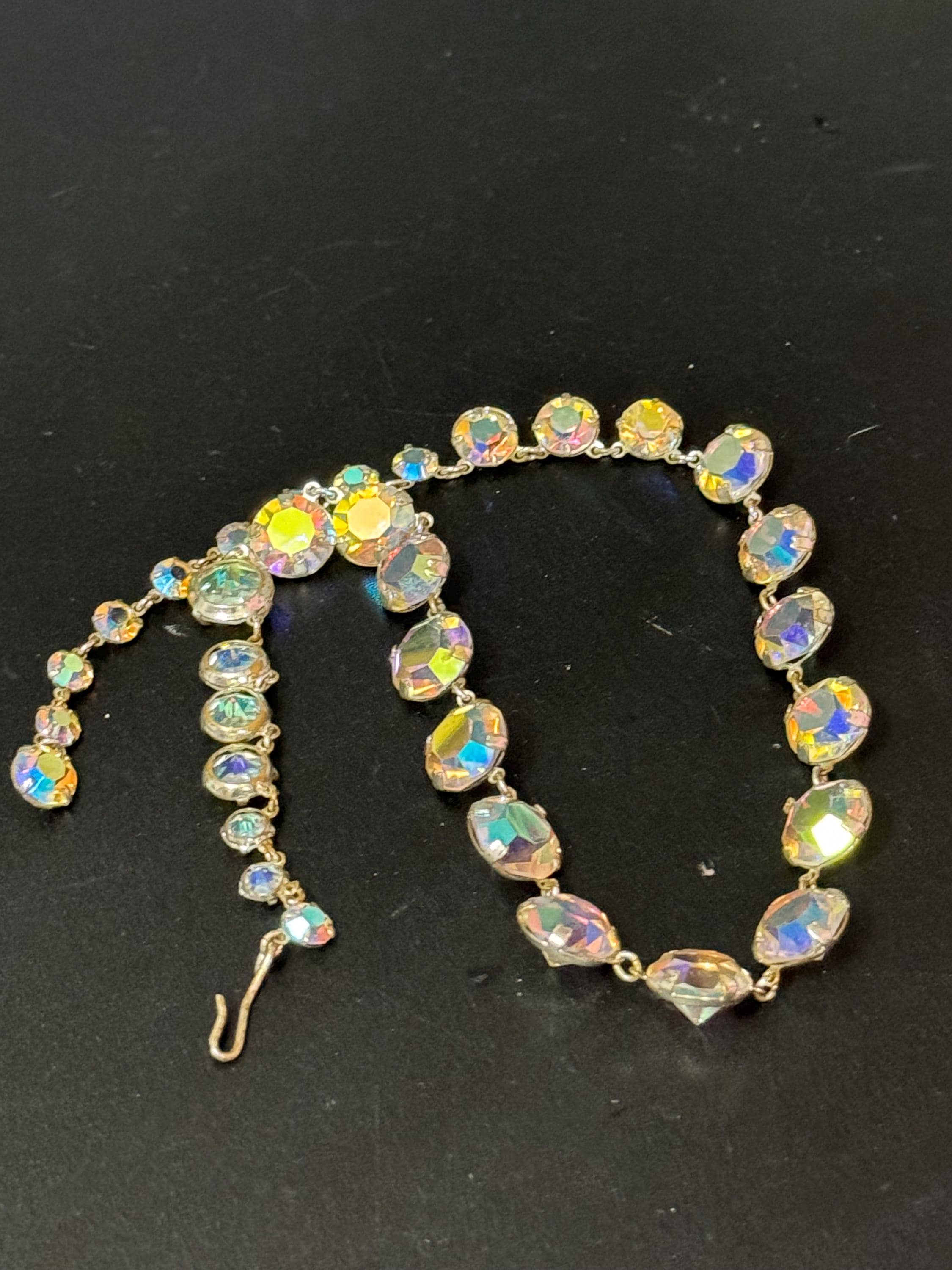 Vintage AB Aurora borealis glass necklace rainbow glass open back crystal rivière bezel set