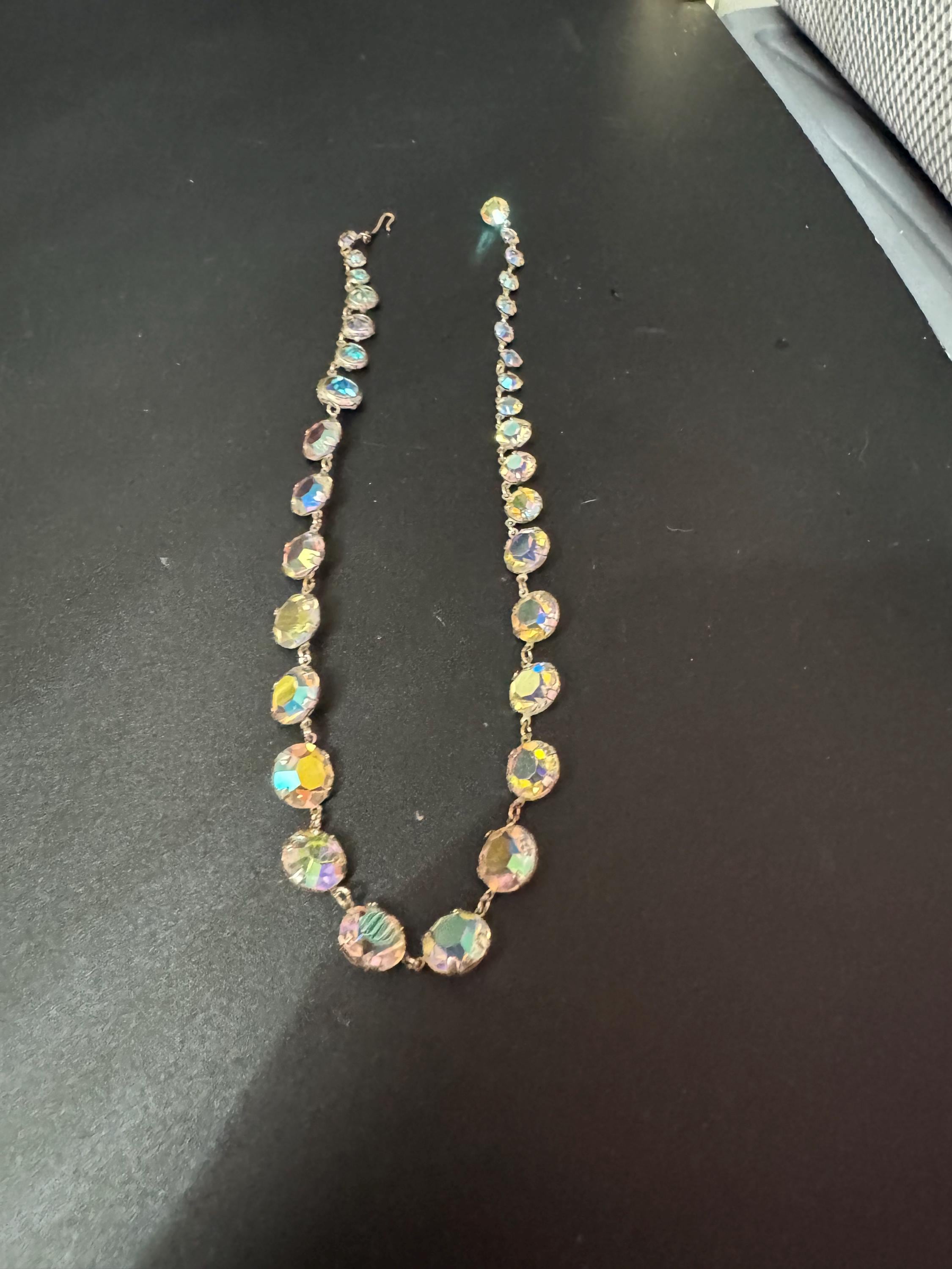 Vintage AB Aurora borealis glass necklace rainbow glass open back crystal rivière bezel set