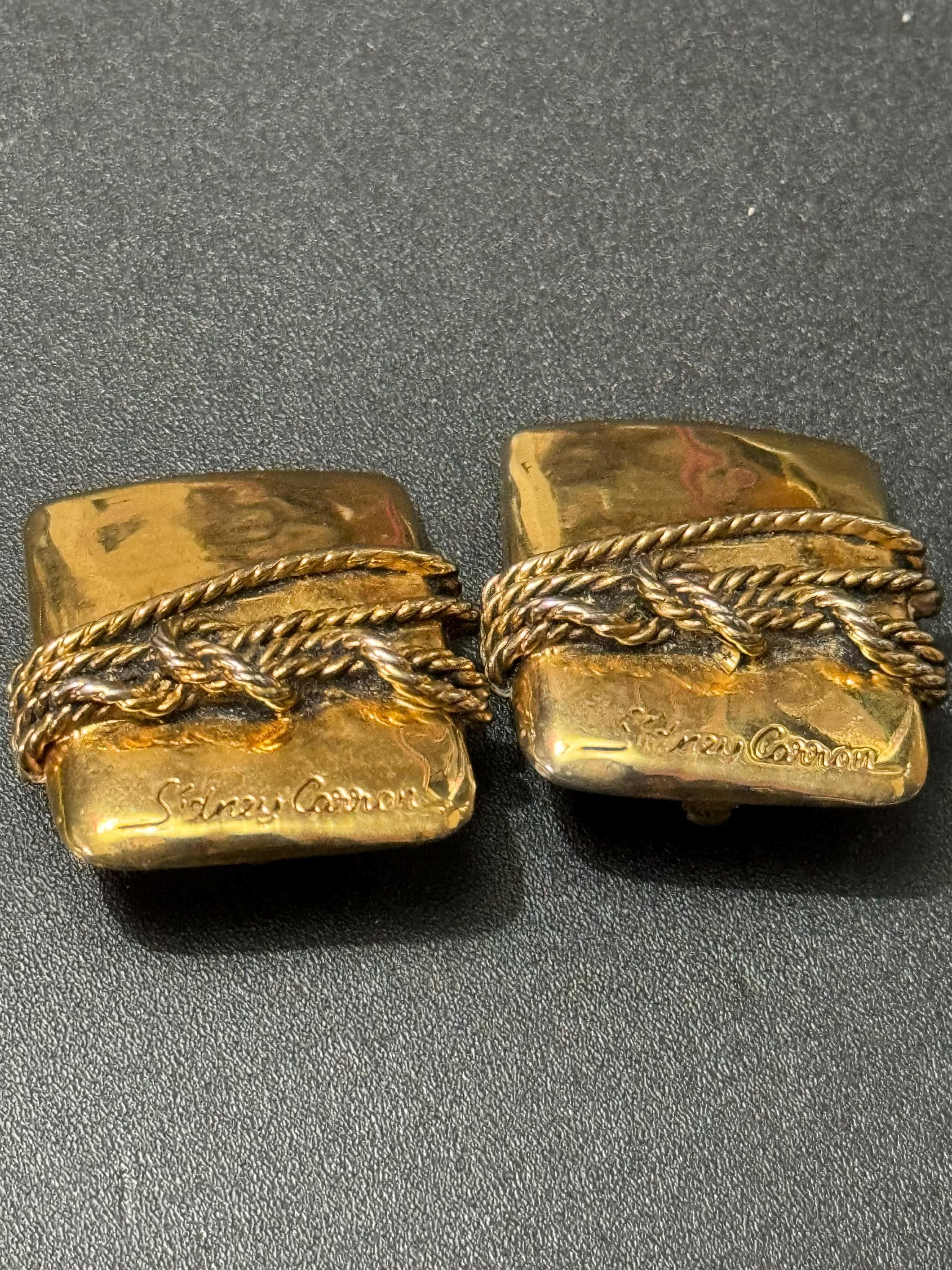 Signed SIDNEY CARRON Paris French designer vintage large rectangular gold tone modernist high end clip on earrings, nautical