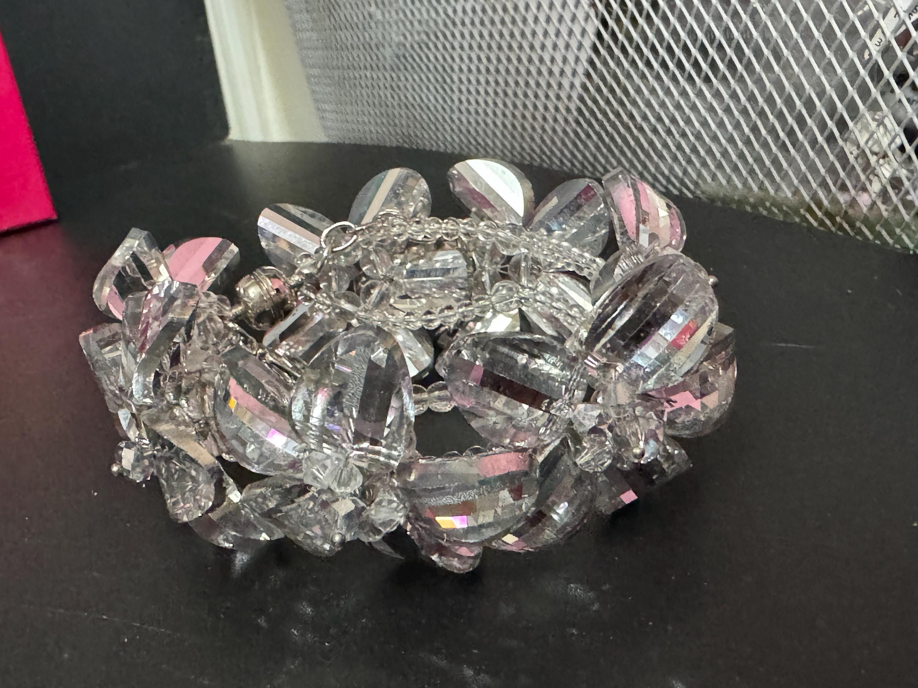 Butler and Wilson oversized Crystal diamanté floral beaded bracelet silver tone