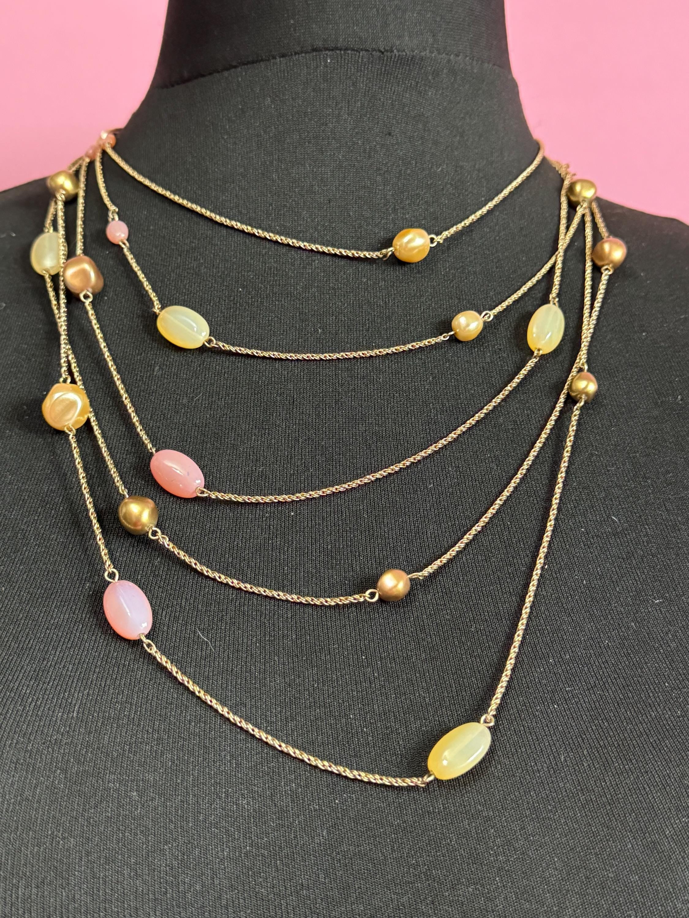 MONET Vintage gold tone rope chain pink yellow beaded statement high end 5 row Multistrand necklace signed