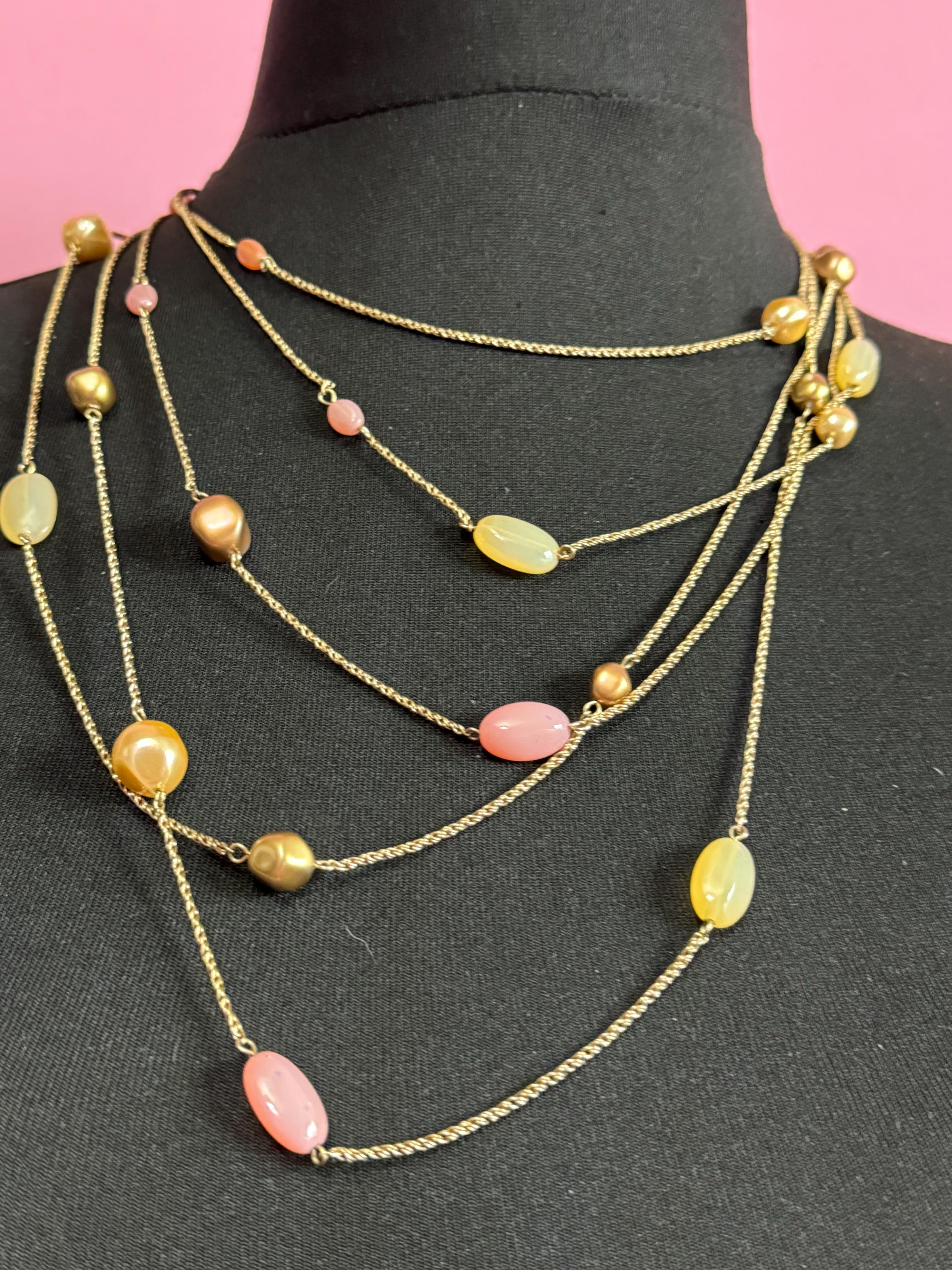 MONET Vintage gold tone rope chain pink yellow beaded statement high end 5 row Multistrand necklace signed