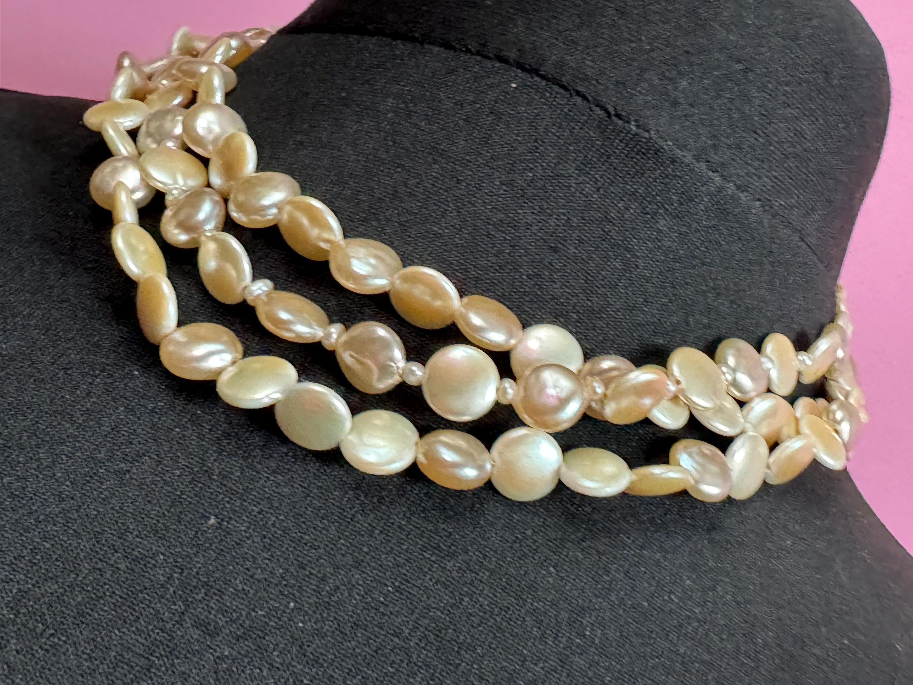 Signed MONET wide Multistrand faux pearl beaded choker necklace, silver tone, 45cm long