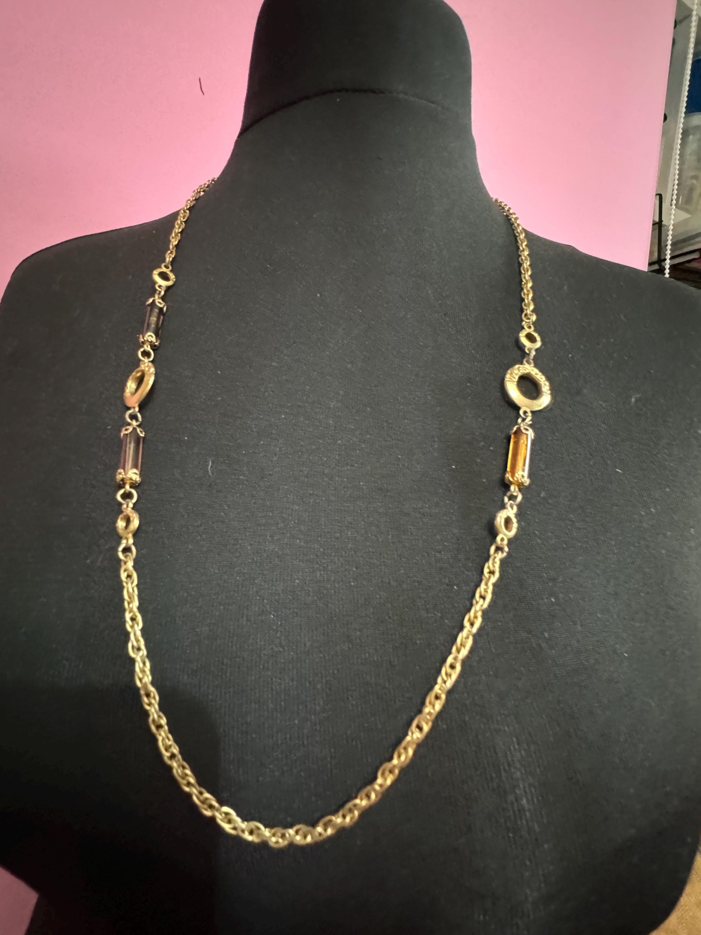 Vintage Sarah Coventry signed long gold tone station brown tube bead chain necklace 1960s 1970s