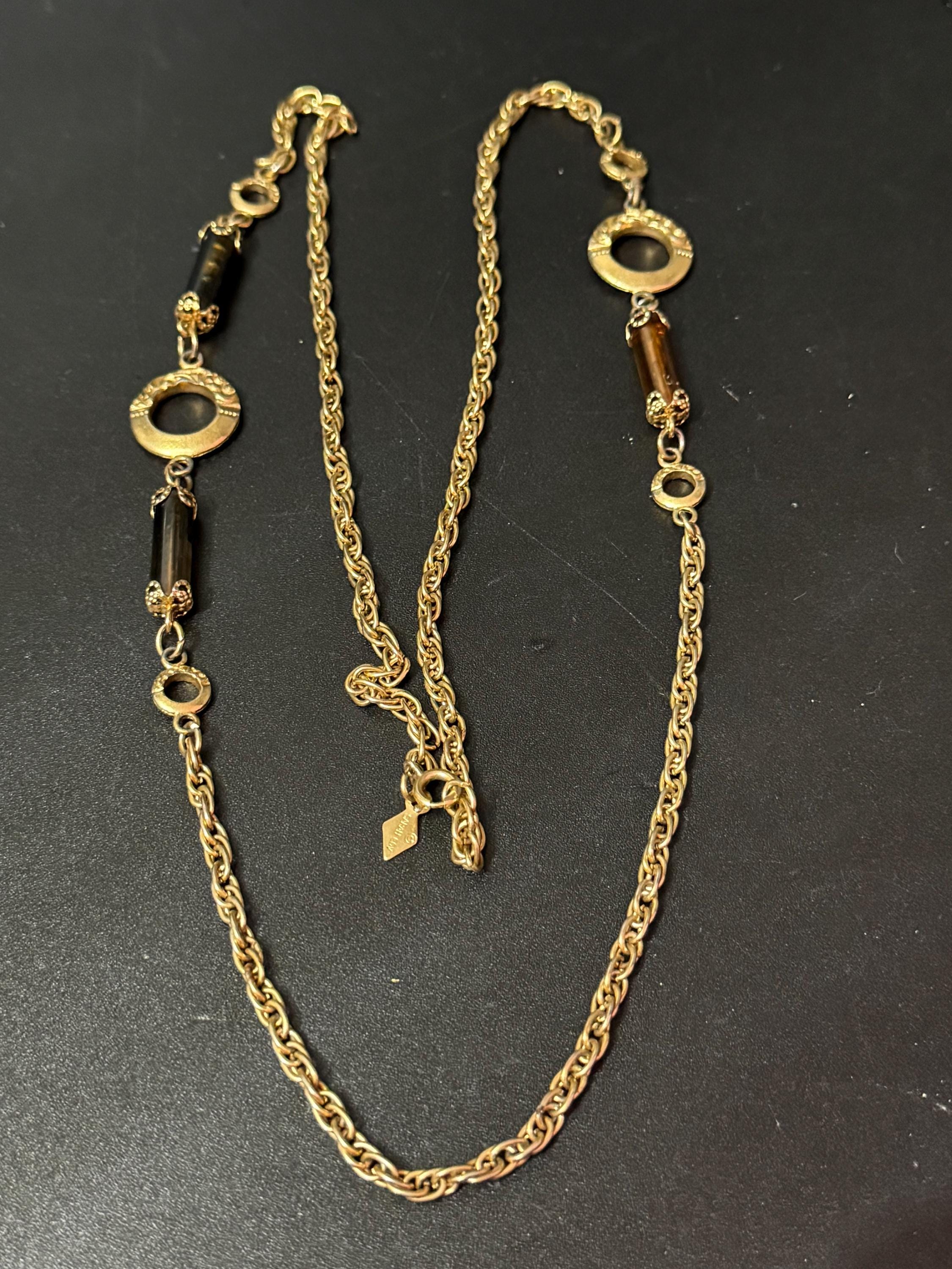 Vintage Sarah Coventry signed long gold tone station brown tube bead chain necklace 1960s 1970s