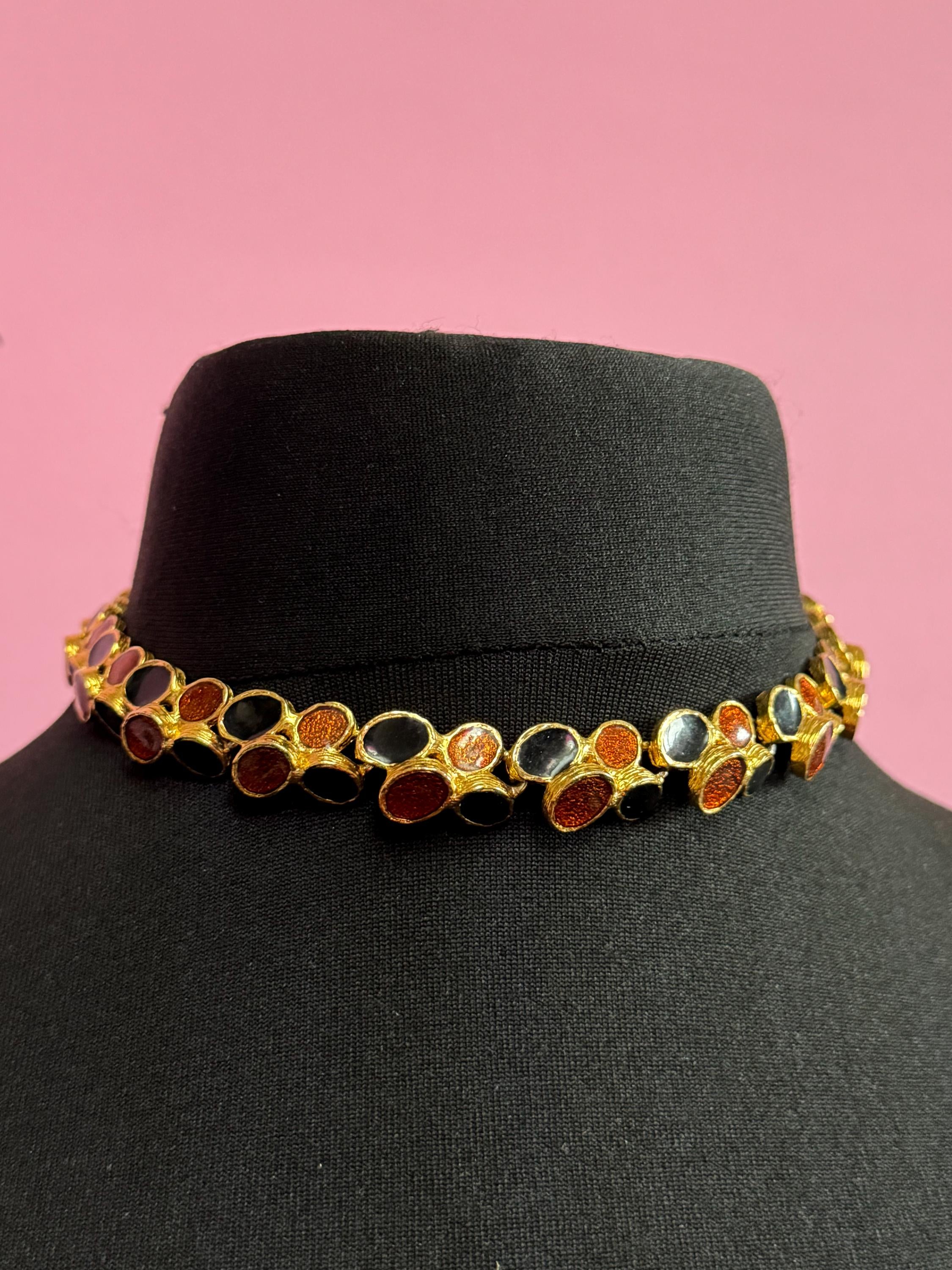 Signed ORENA Paris designer Vintage gold tone rust orange and black enamel chain link panel link collar choker necklace