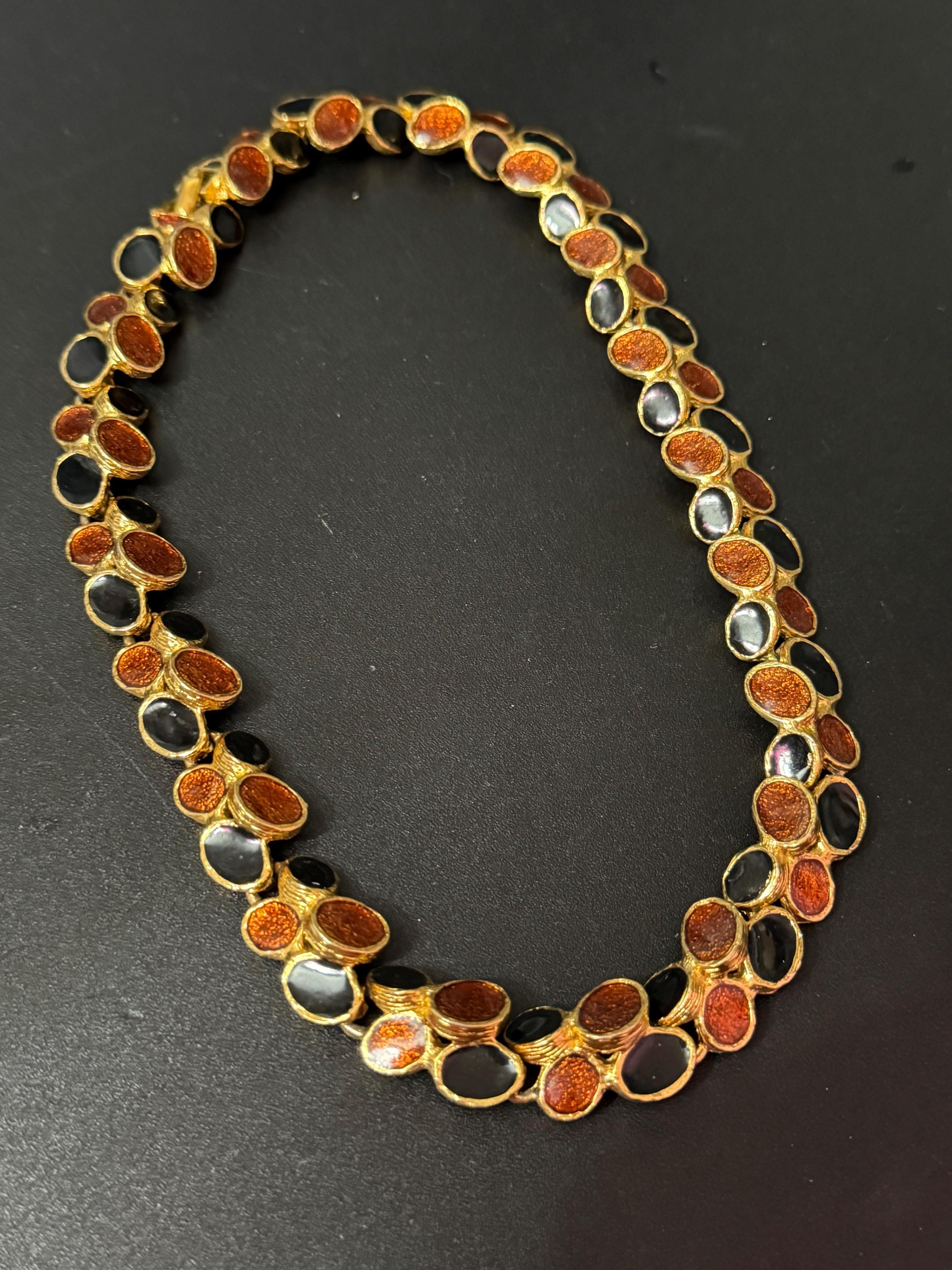 Signed ORENA Paris designer Vintage gold tone rust orange and black enamel chain link panel link collar choker necklace