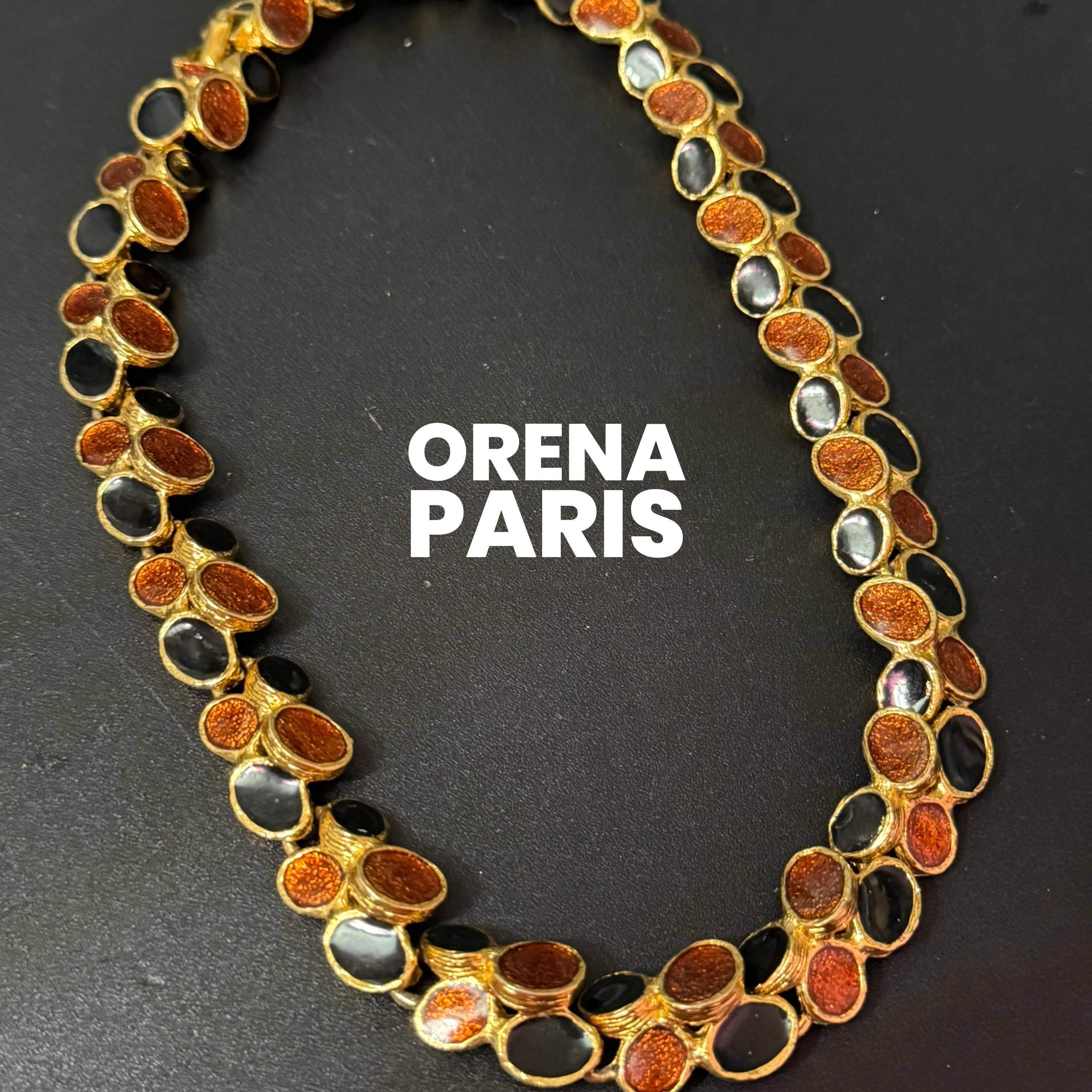 Signed ORENA Paris designer Vintage gold tone rust orange and black enamel chain link panel link collar choker necklace