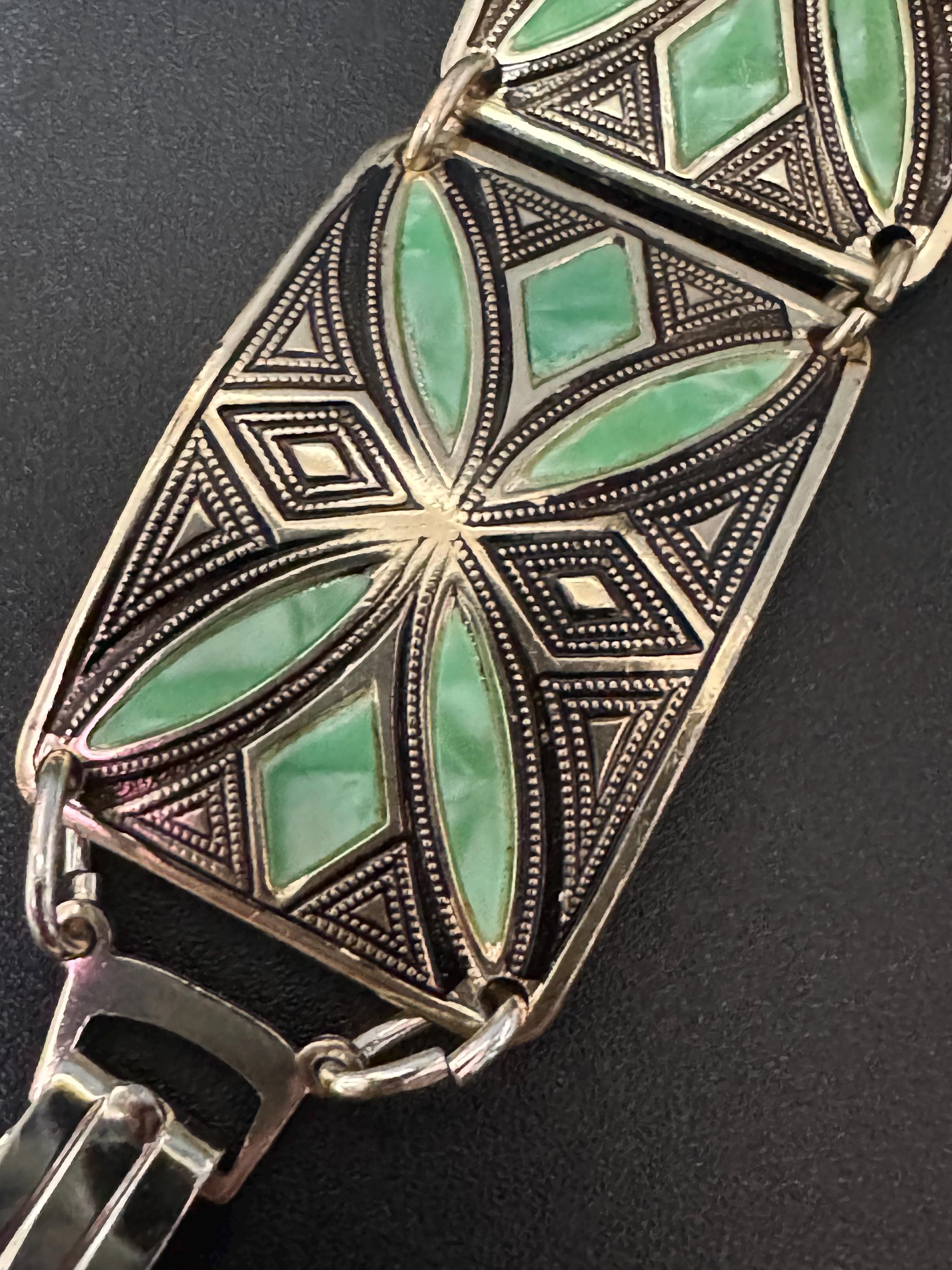 Vintage Silver Tone Green enamel floral panel link bracelet lightweight aluminium