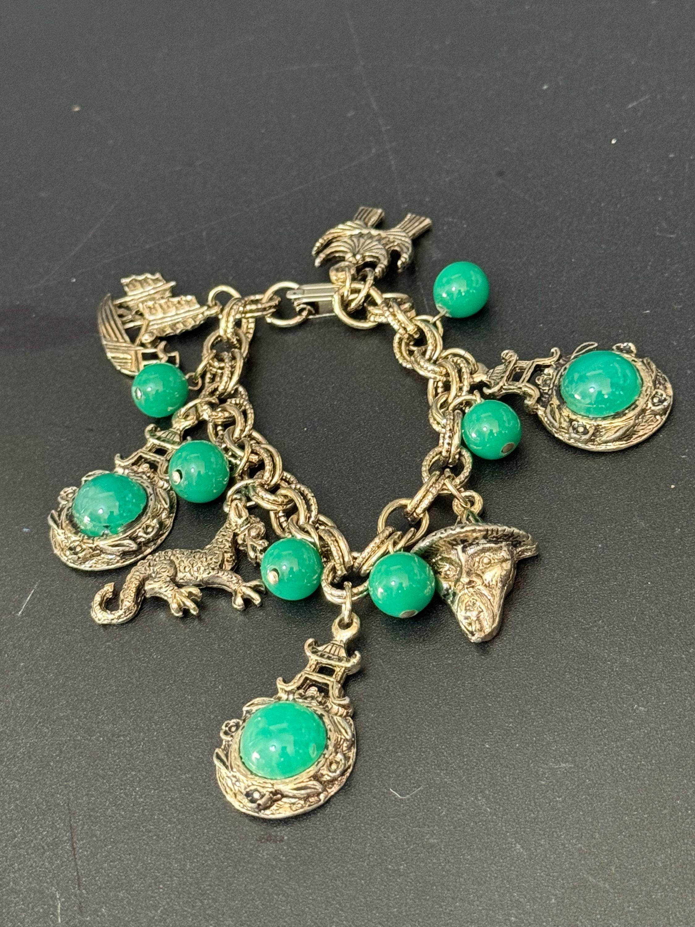 Vintage Gold tone Chinese chain link chunky jade green cabochon charm bracelet 1960s 1970s